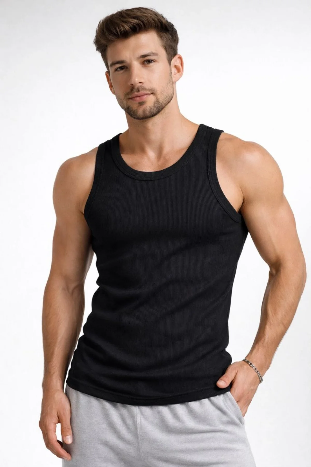 Erkek Spor Fitilli Atlet 2li Set Siyah ve Mint Yeşili Slim Fit Kaşkorse Arka Baskılı Spor Atlet