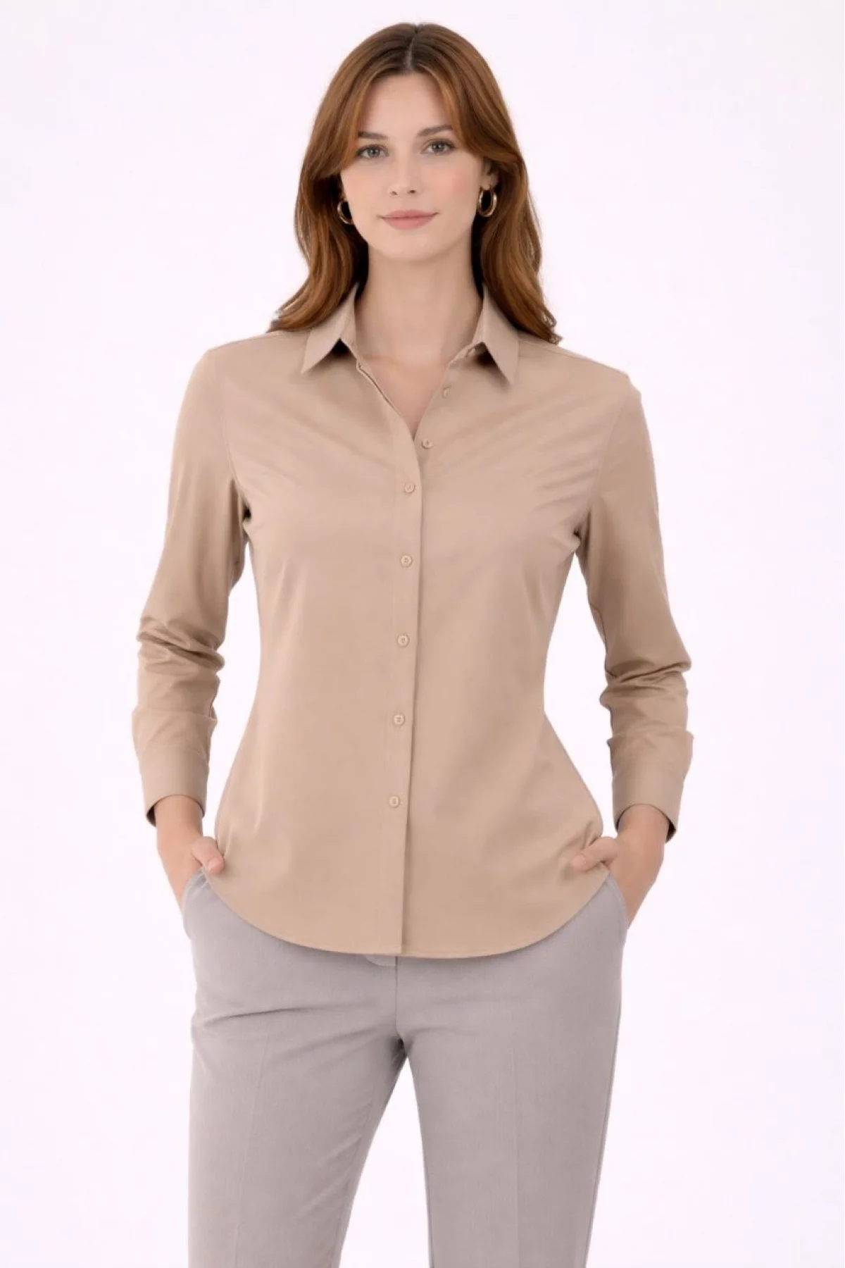 Kadın Uzun Kollu Gömlek Düğmeli Klasik Yaka Günlük ve Ofis Şıklığına uygun - Bej