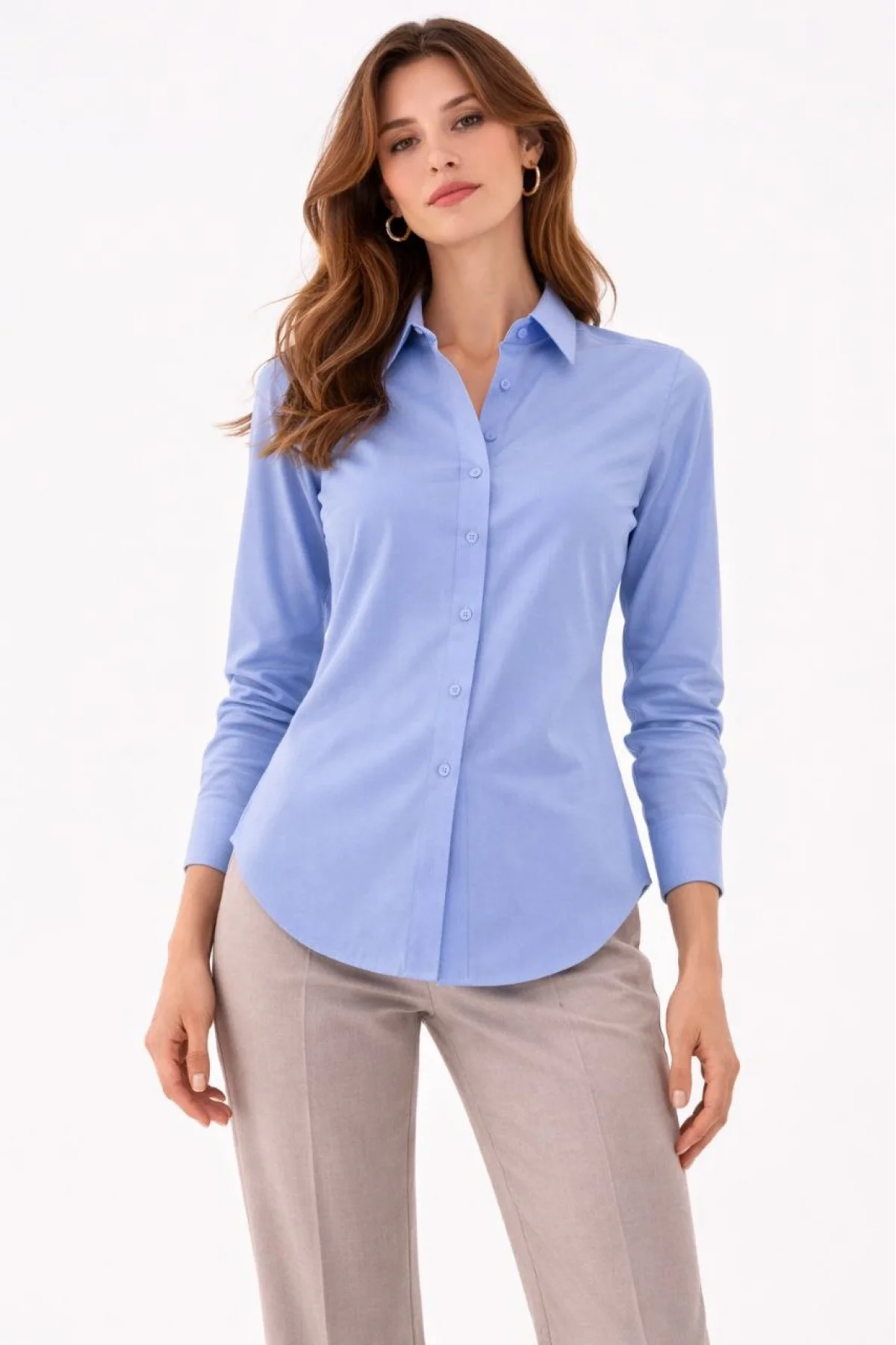 Kadın Uzun Kollu Gömlek Düğmeli Klasik Yaka Günlük ve Ofis Şıklığına uygun - Mavi
