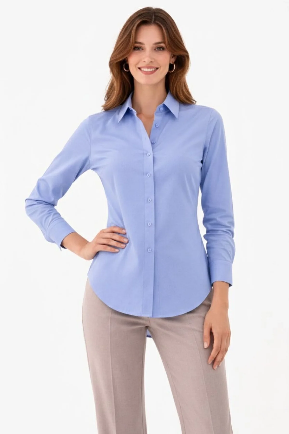 Kadın Uzun Kollu Gömlek Düğmeli Klasik Yaka Günlük ve Ofis Şıklığına uygun - Mavi
