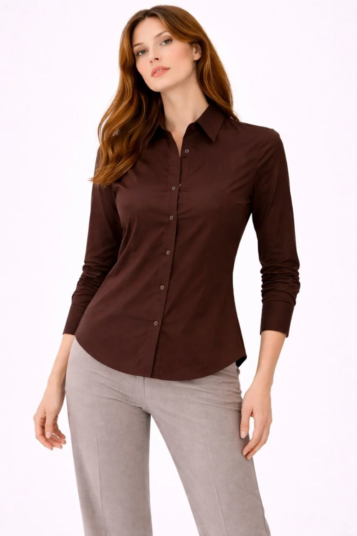 Kadın Uzun Kollu Gömlek Düğmeli Klasik Yaka Günlük ve Ofis Şıklığına uygun - Kahverengi