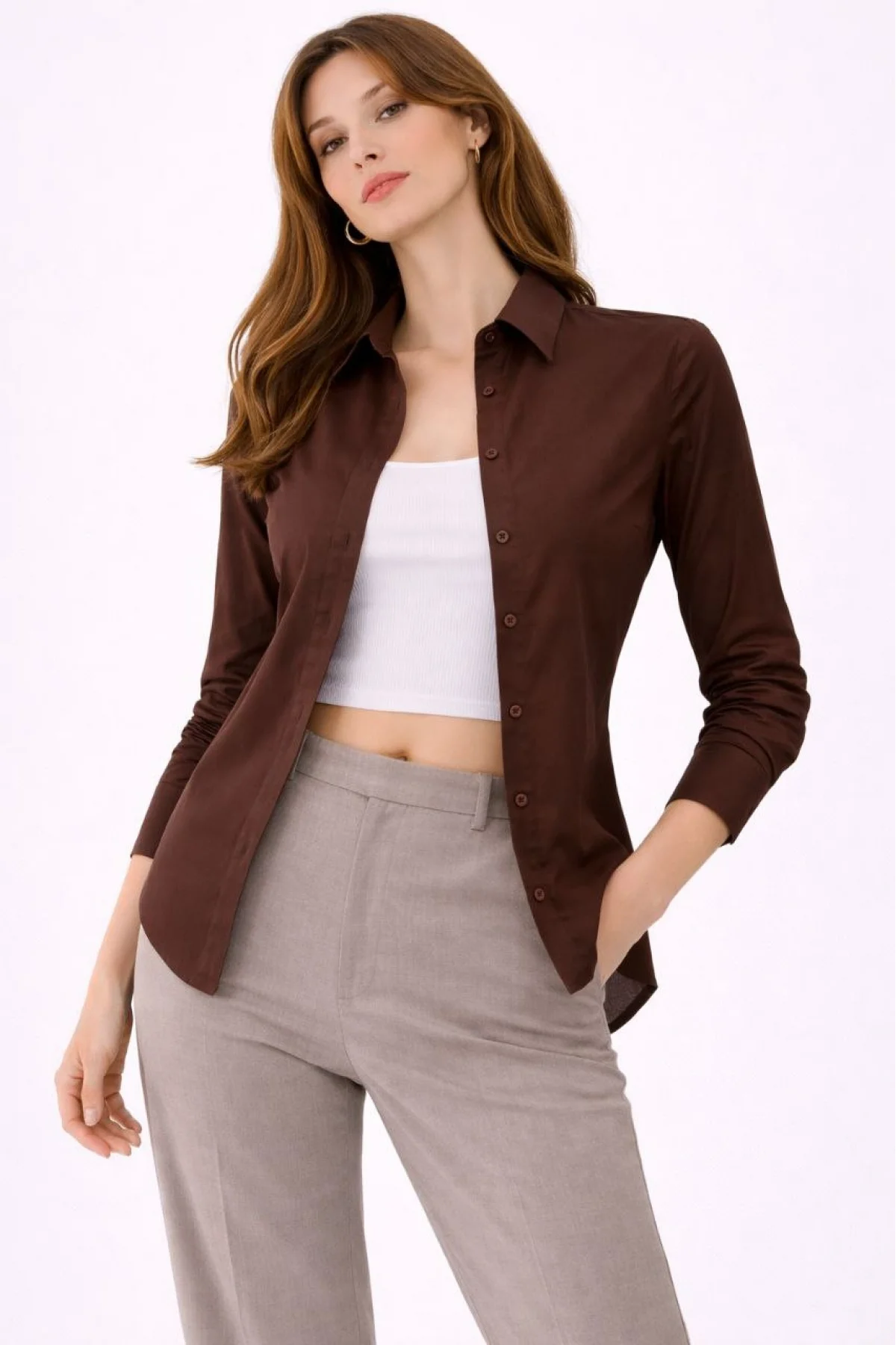Kadın Uzun Kollu Gömlek Düğmeli Klasik Yaka Günlük ve Ofis Şıklığına uygun - Kahverengi
