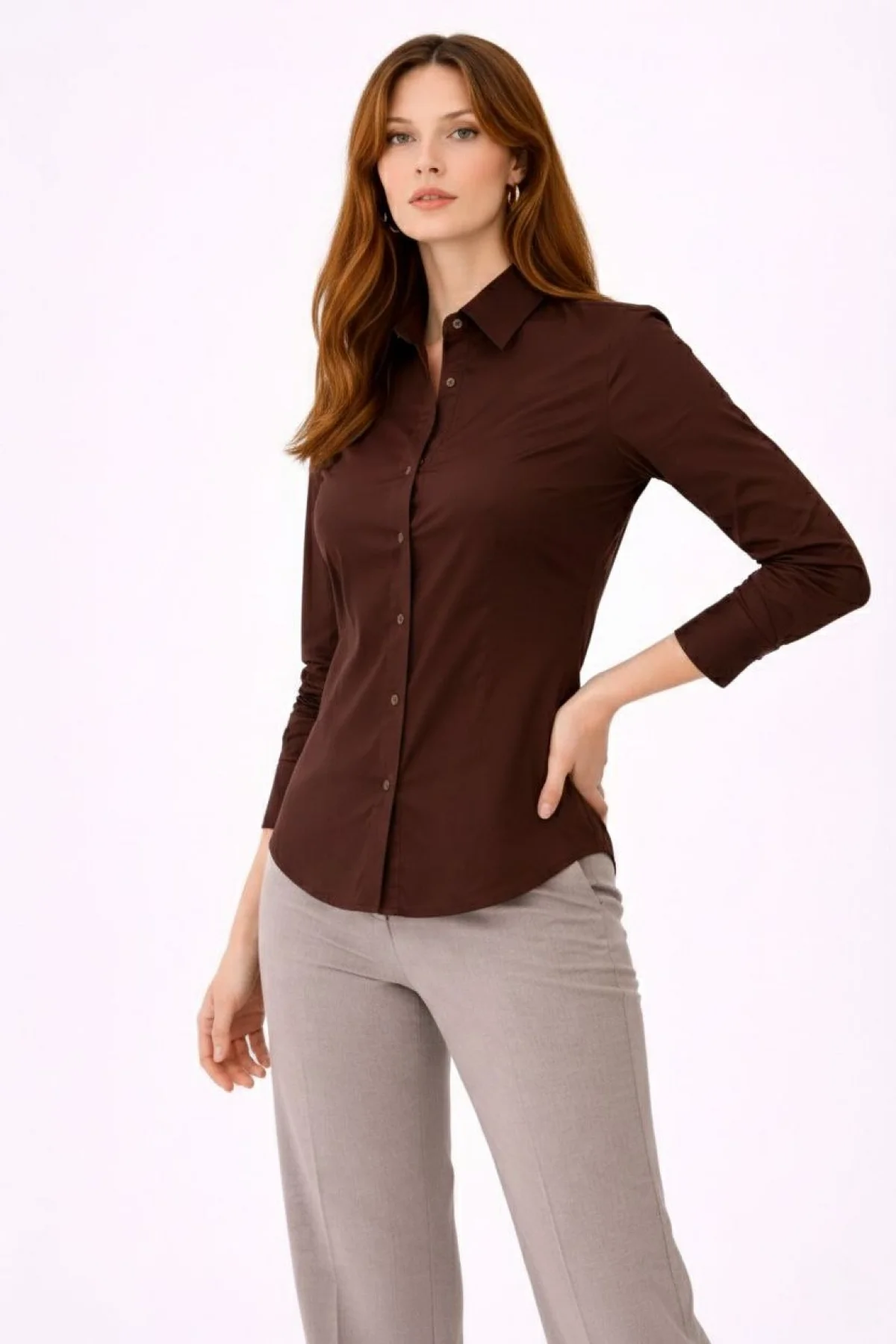 Kadın Uzun Kollu Gömlek Düğmeli Klasik Yaka Günlük ve Ofis Şıklığına uygun - Kahverengi