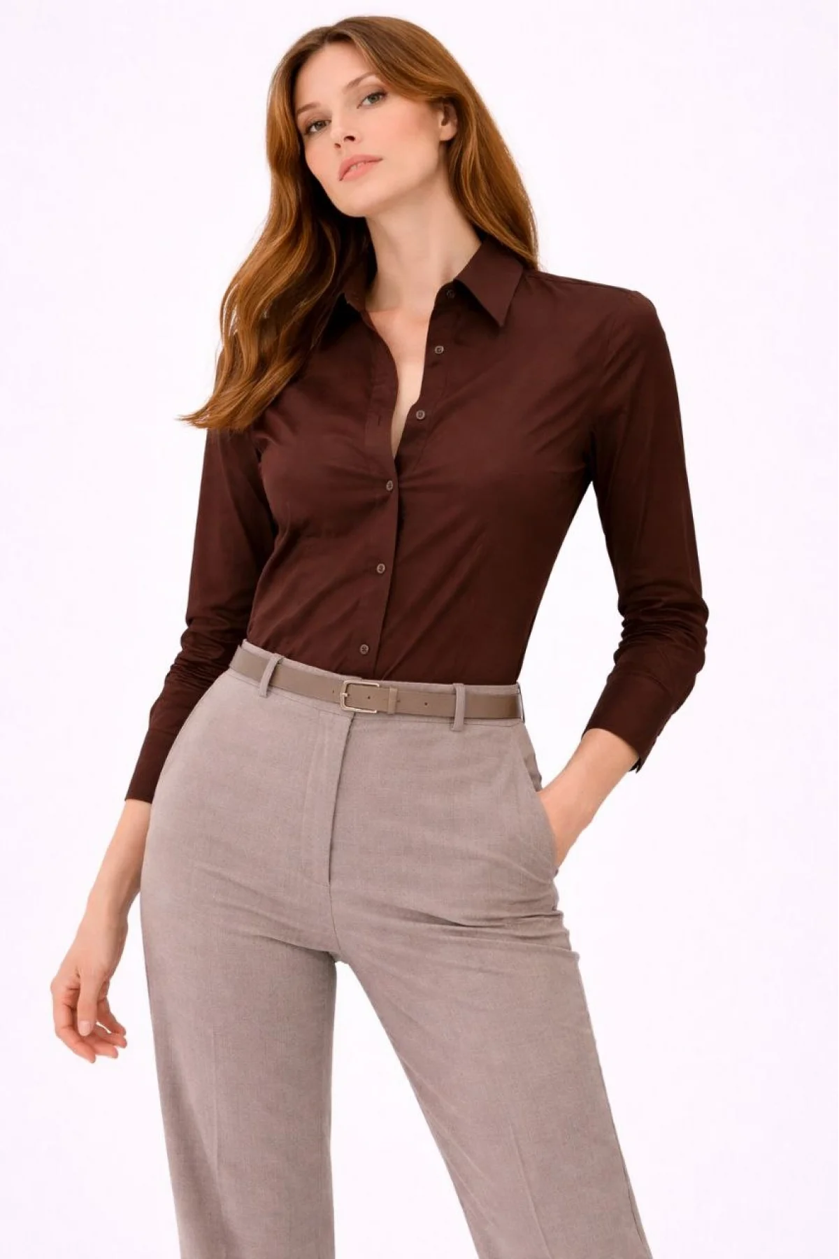 Kadın Uzun Kollu Gömlek Düğmeli Klasik Yaka Günlük ve Ofis Şıklığına uygun - Kahverengi