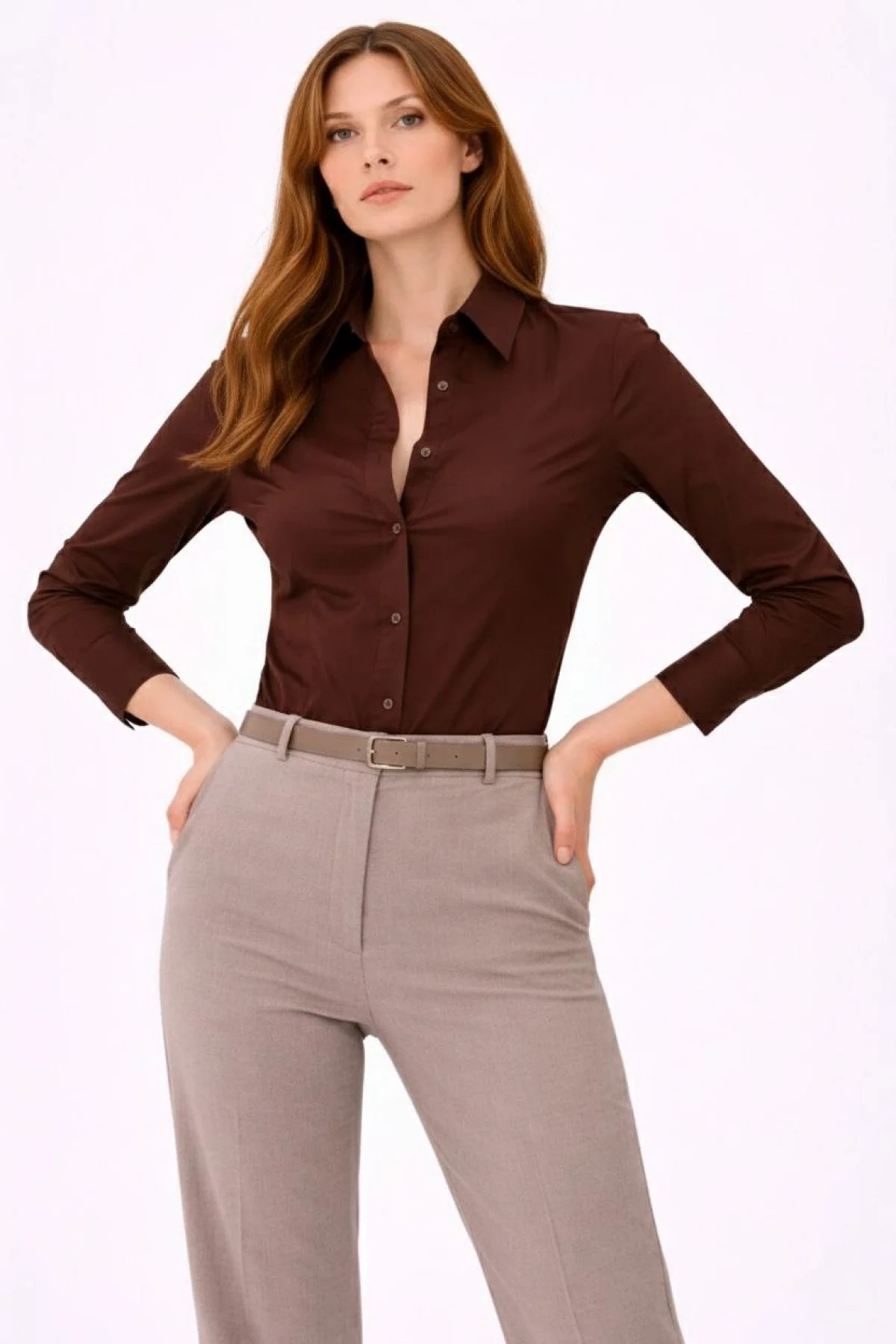 Kadın Uzun Kollu Gömlek Düğmeli Klasik Yaka Günlük ve Ofis Şıklığına uygun - Kahverengi