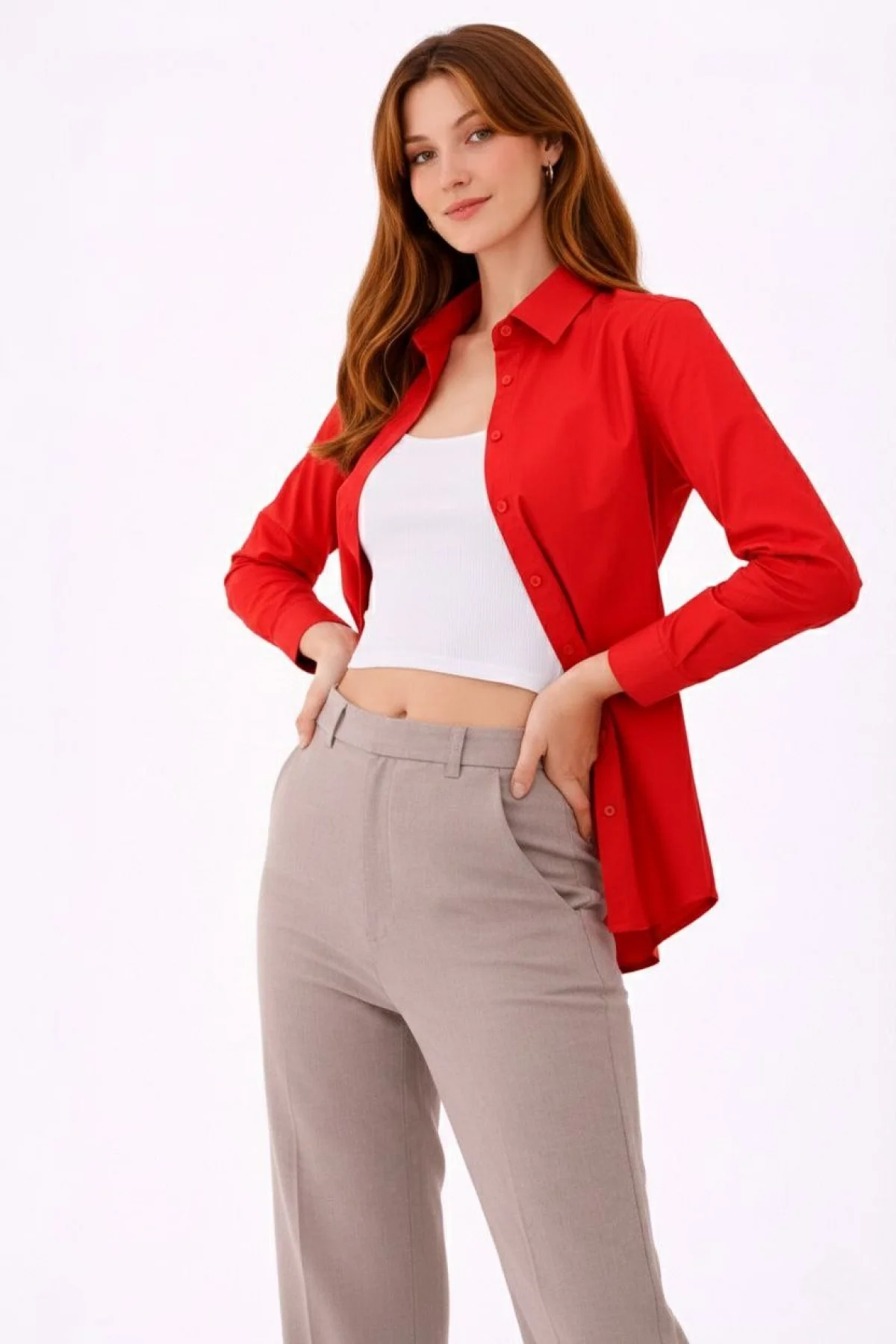 Kadın Uzun Kollu Gömlek Düğmeli Klasik Yaka Günlük ve Ofis Şıklığına uygun - Kırmızı
