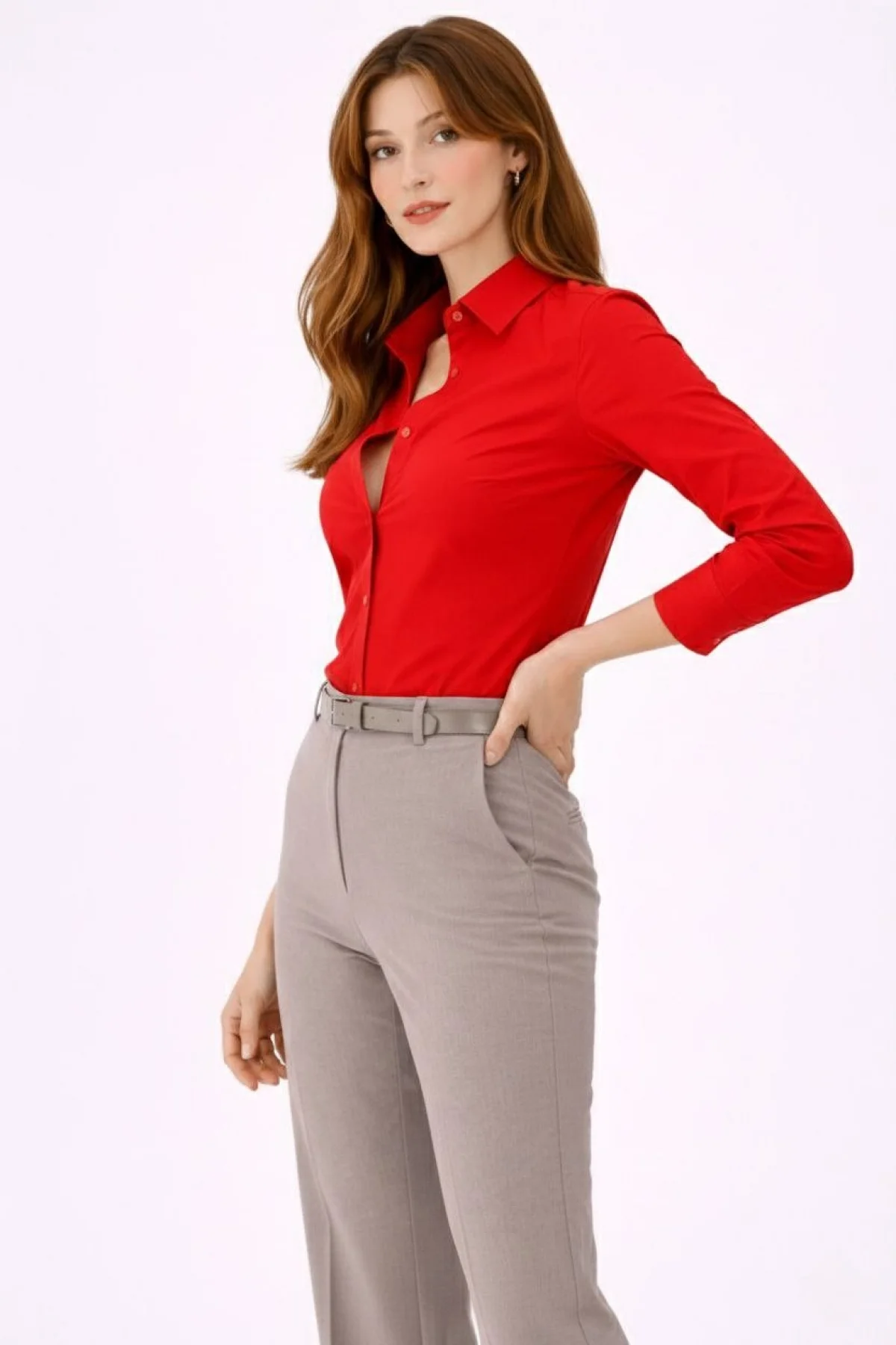 Kadın Uzun Kollu Gömlek Düğmeli Klasik Yaka Günlük ve Ofis Şıklığına uygun - Kırmızı