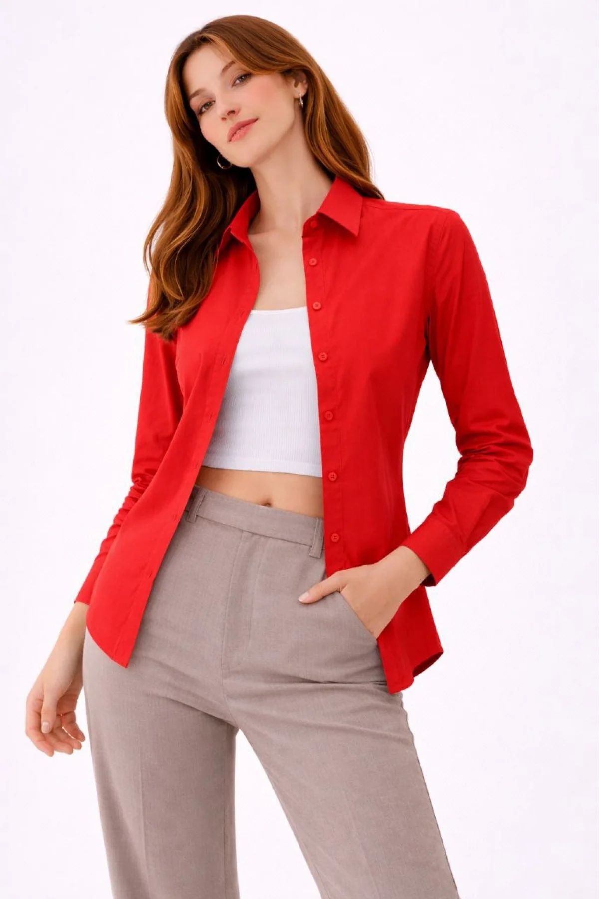 Kadın Uzun Kollu Gömlek Düğmeli Klasik Yaka Günlük ve Ofis Şıklığına uygun - Kırmızı
