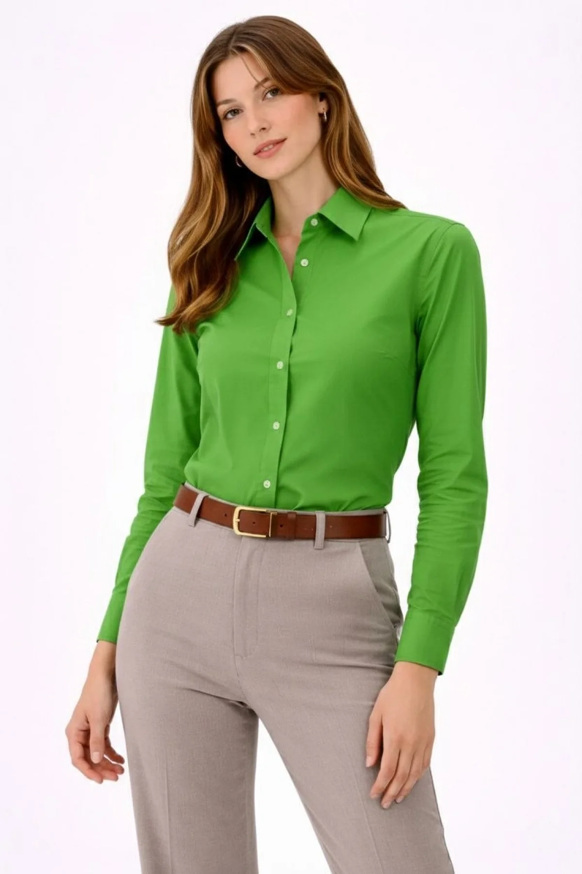 Kadın Uzun Kollu Gömlek Düğmeli Klasik Yaka Günlük ve Ofis Şıklığına uygun - Yeşil