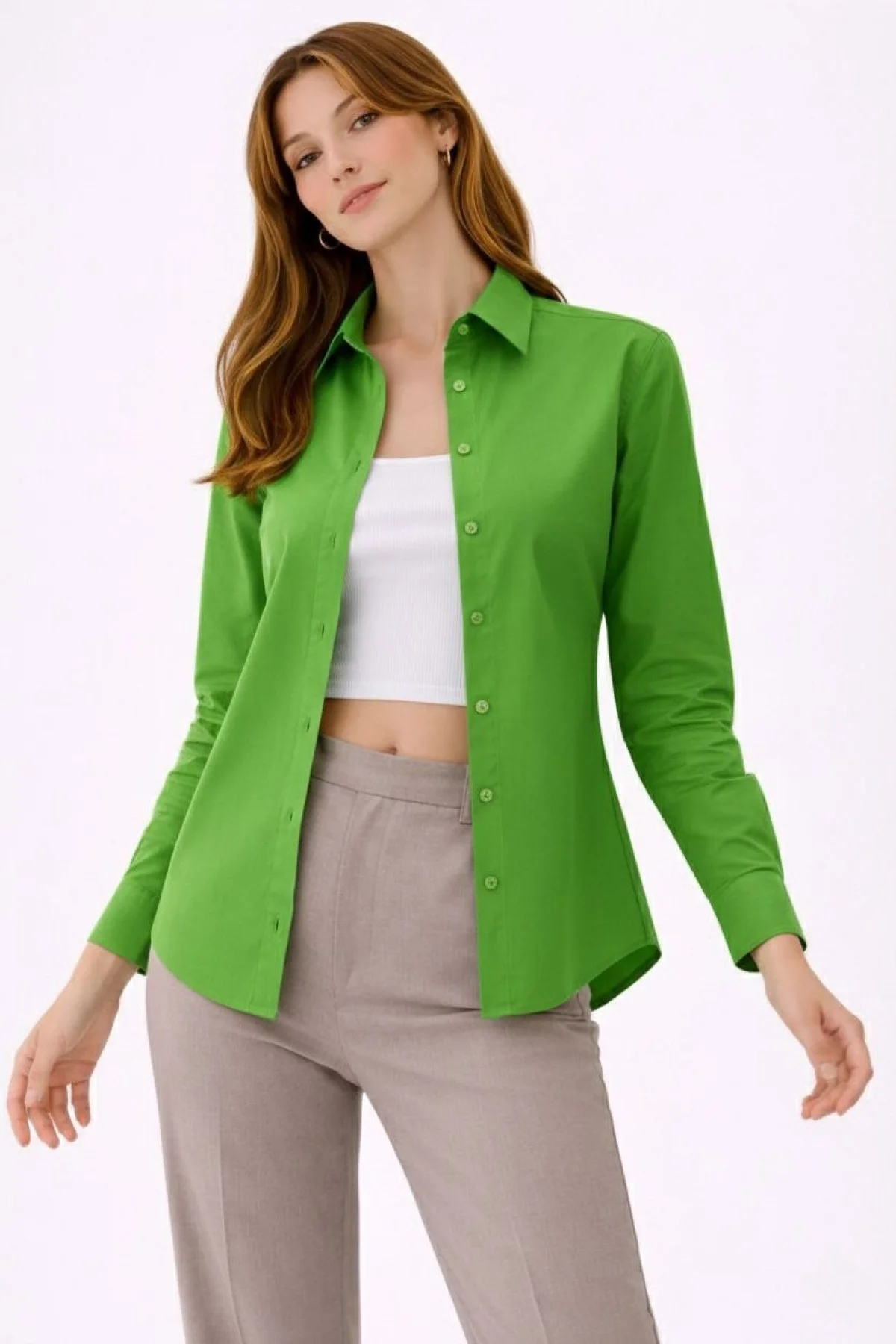 Kadın Uzun Kollu Gömlek Düğmeli Klasik Yaka Günlük ve Ofis Şıklığına uygun - Yeşil