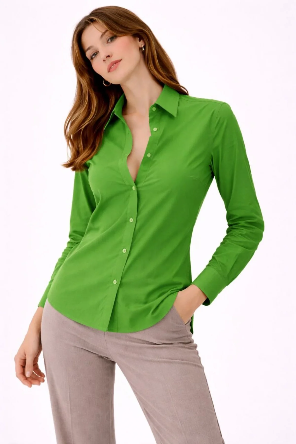 Kadın Uzun Kollu Gömlek Düğmeli Klasik Yaka Günlük ve Ofis Şıklığına uygun - Yeşil
