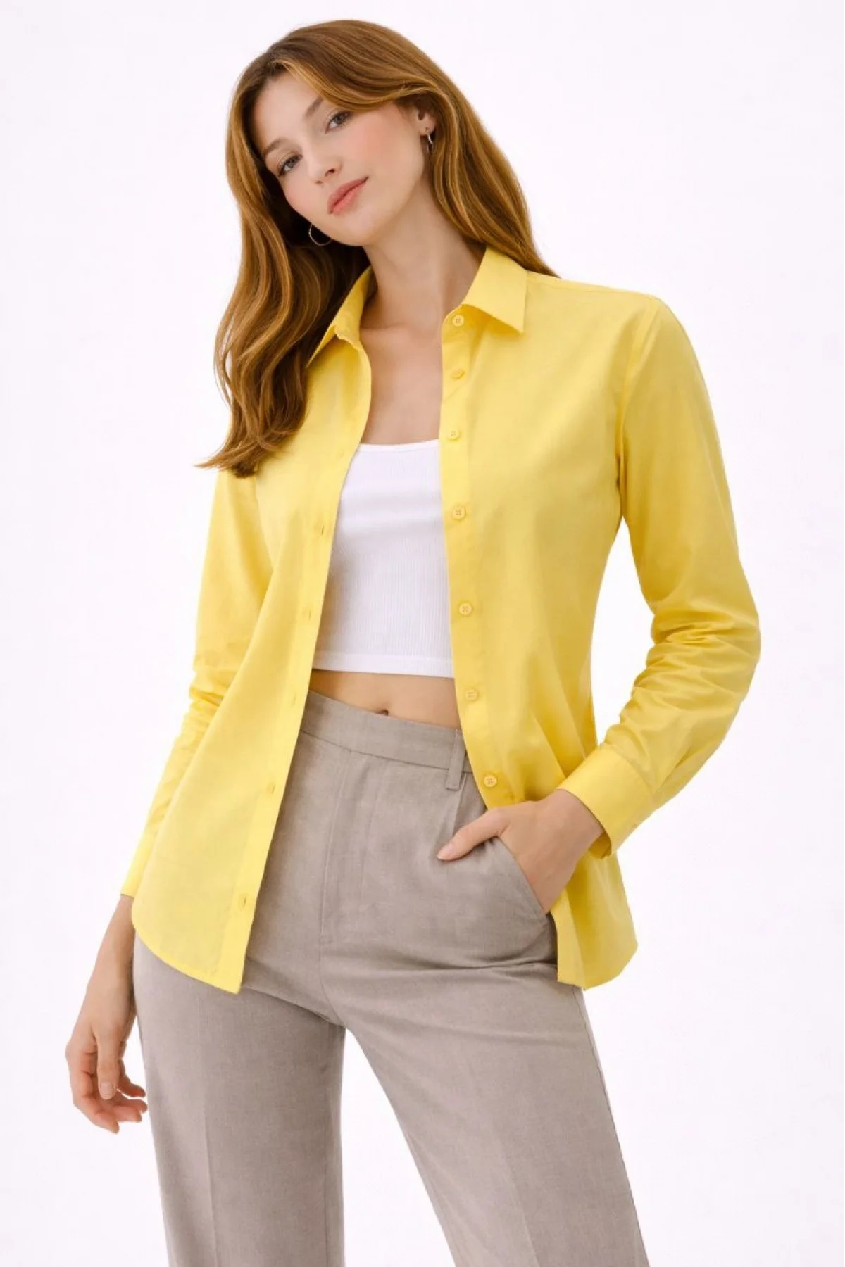 Kadın Uzun Kollu Gömlek Düğmeli Klasik Yaka Günlük ve Ofis Şıklığına uygun - Sarı