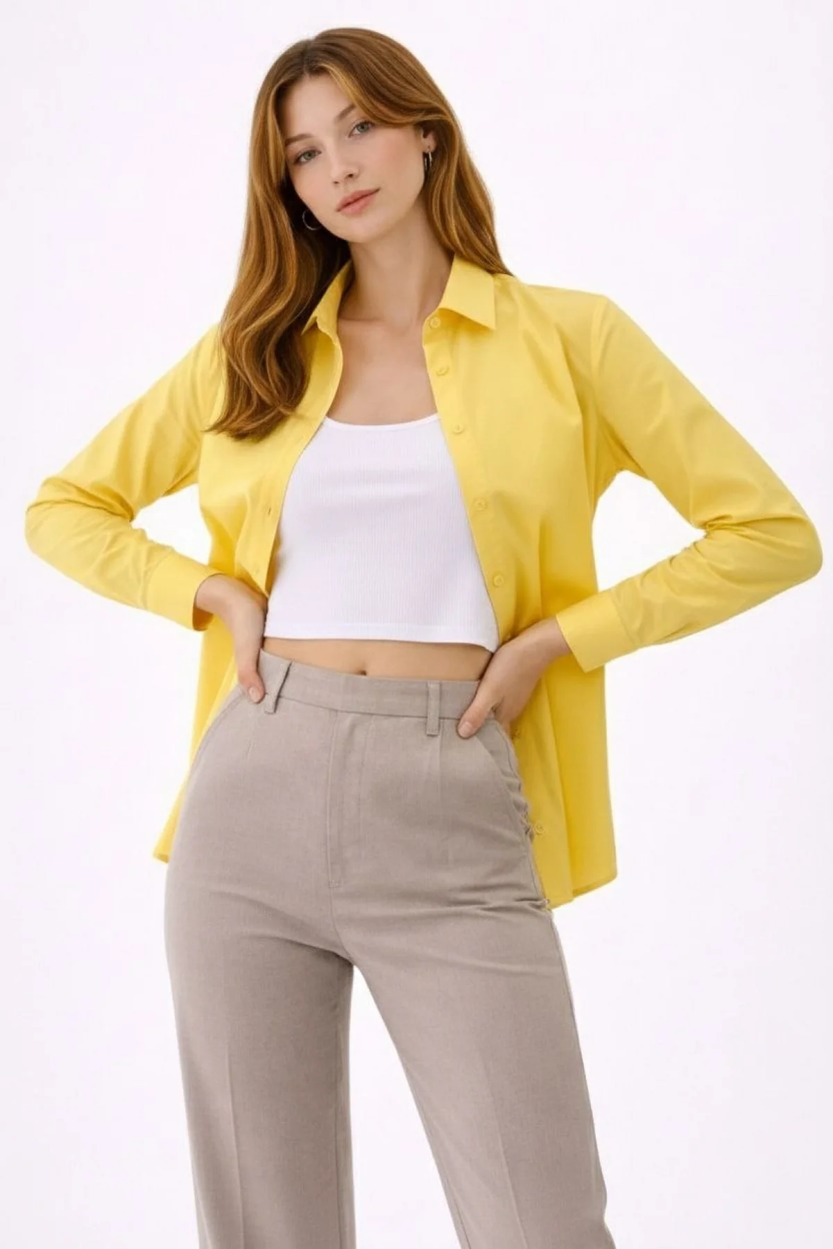 Kadın Uzun Kollu Gömlek Düğmeli Klasik Yaka Günlük ve Ofis Şıklığına uygun - Sarı