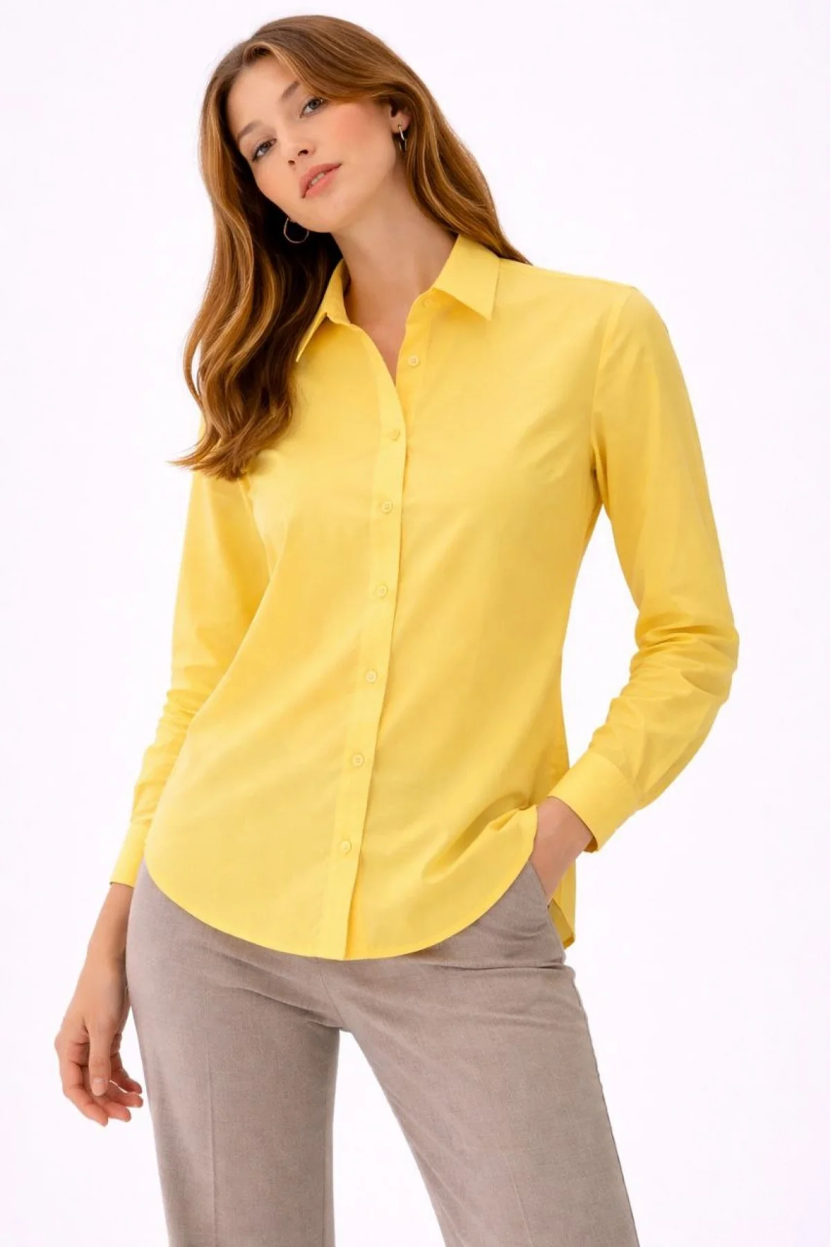 Kadın Uzun Kollu Gömlek Düğmeli Klasik Yaka Günlük ve Ofis Şıklığına uygun - Sarı