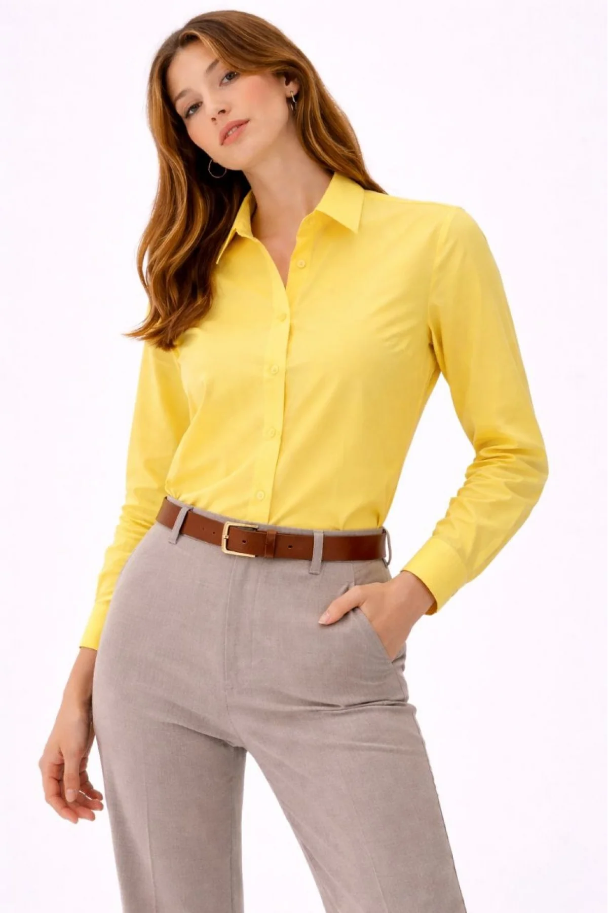 Kadın Uzun Kollu Gömlek Düğmeli Klasik Yaka Günlük ve Ofis Şıklığına uygun - Sarı