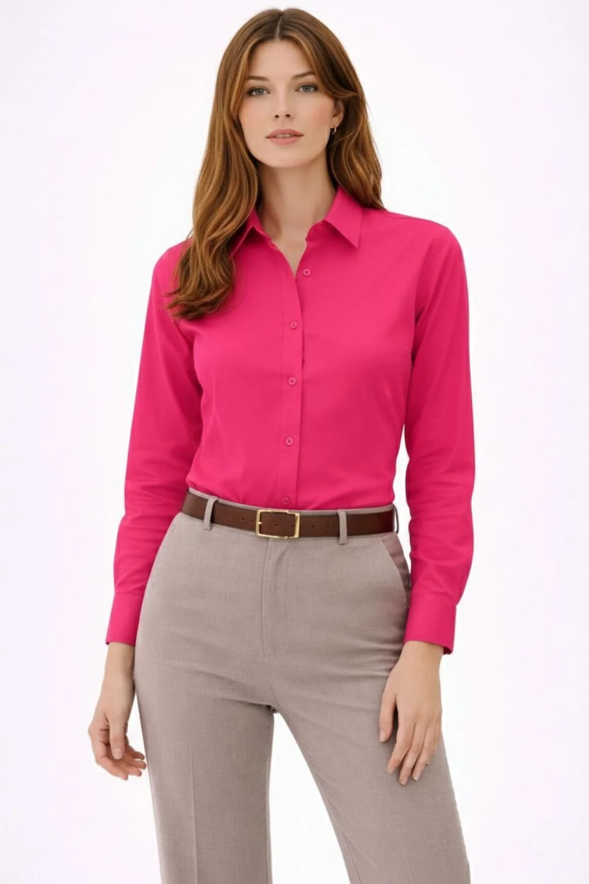 Kadın Uzun Kollu Gömlek Düğmeli Klasik Yaka Günlük ve Ofis Şıklığına uygun - Fuşya