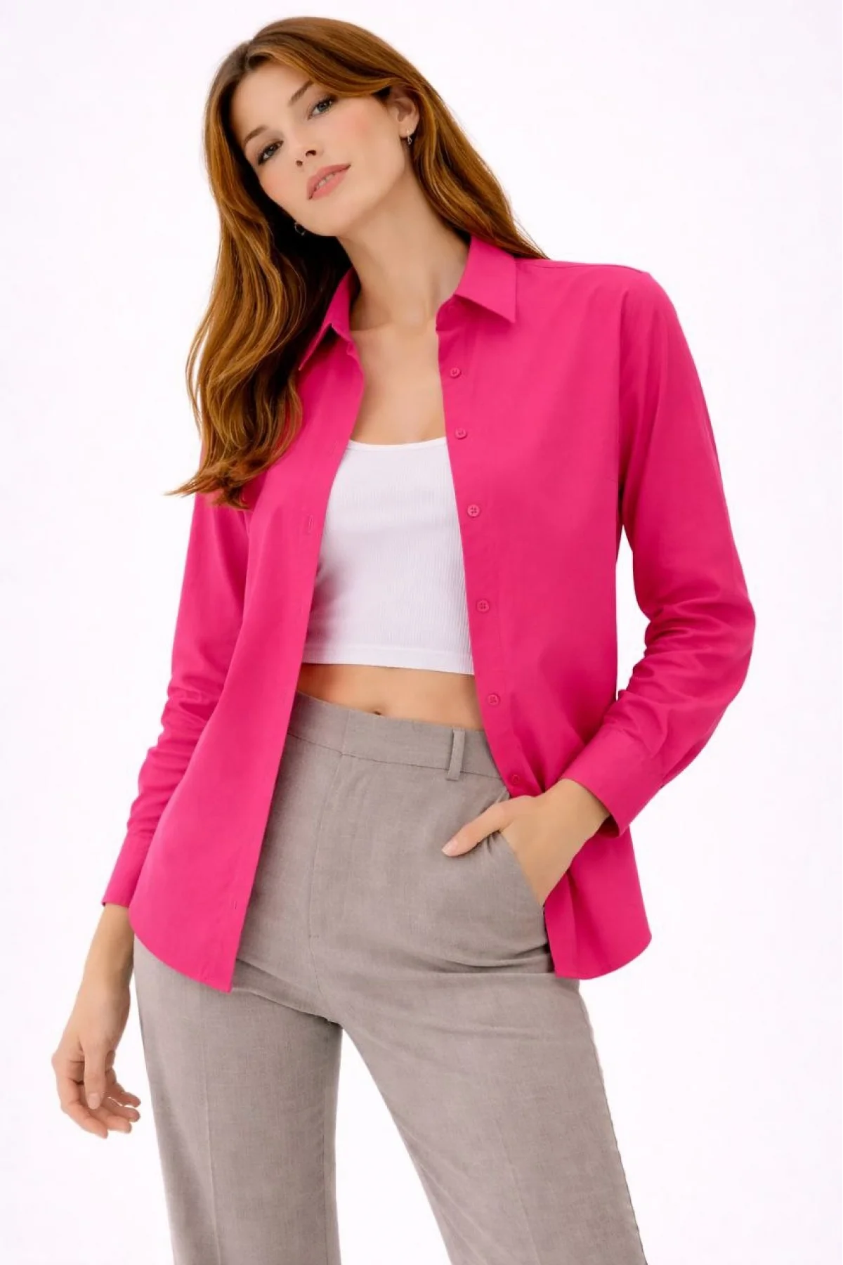 Kadın Uzun Kollu Gömlek Düğmeli Klasik Yaka Günlük ve Ofis Şıklığına uygun - Fuşya