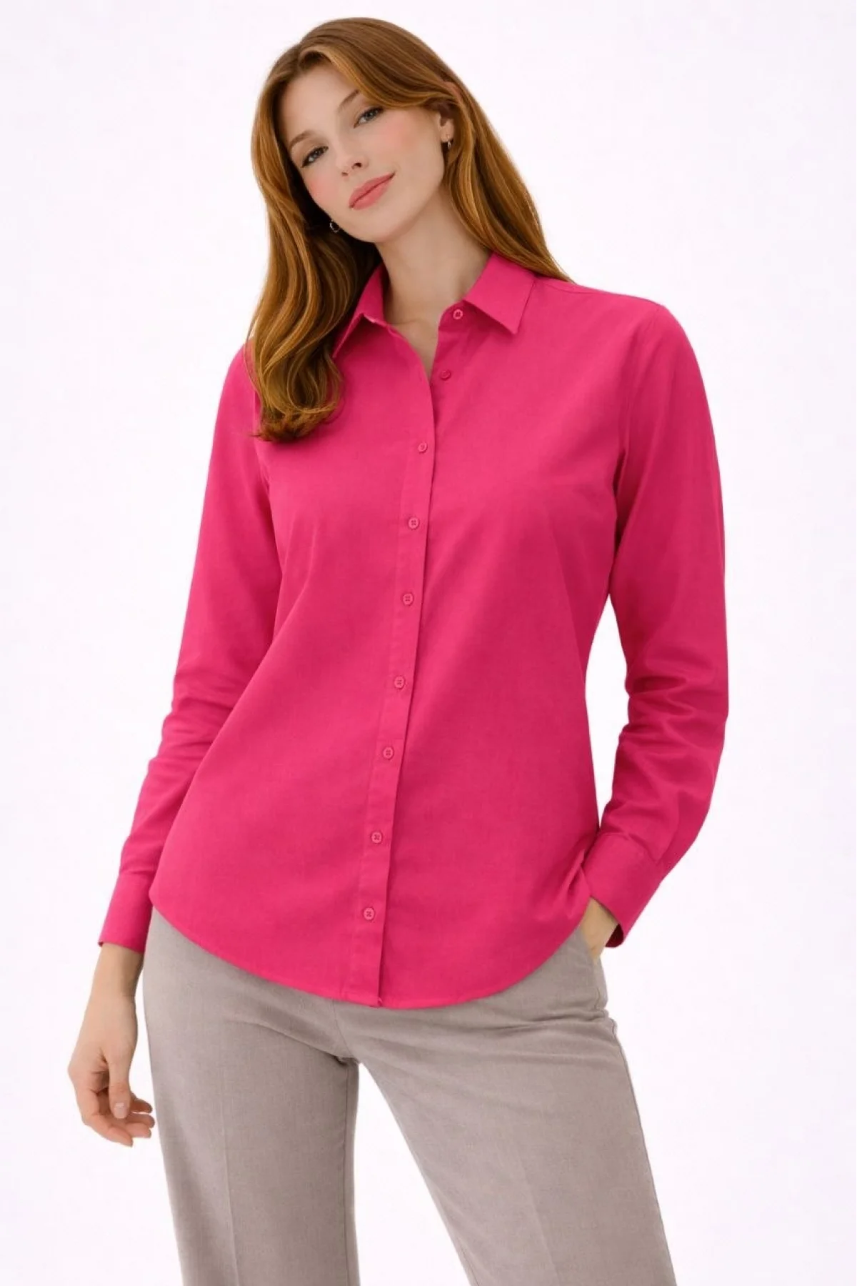 Kadın Uzun Kollu Gömlek Düğmeli Klasik Yaka Günlük ve Ofis Şıklığına uygun - Fuşya