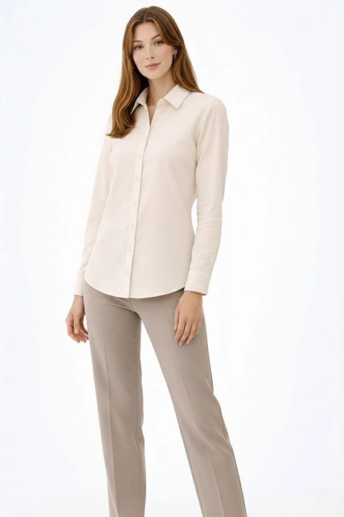 Kadın Uzun Kollu Gömlek Düğmeli Klasik Yaka Günlük ve Ofis Şıklığına uygun - Krem