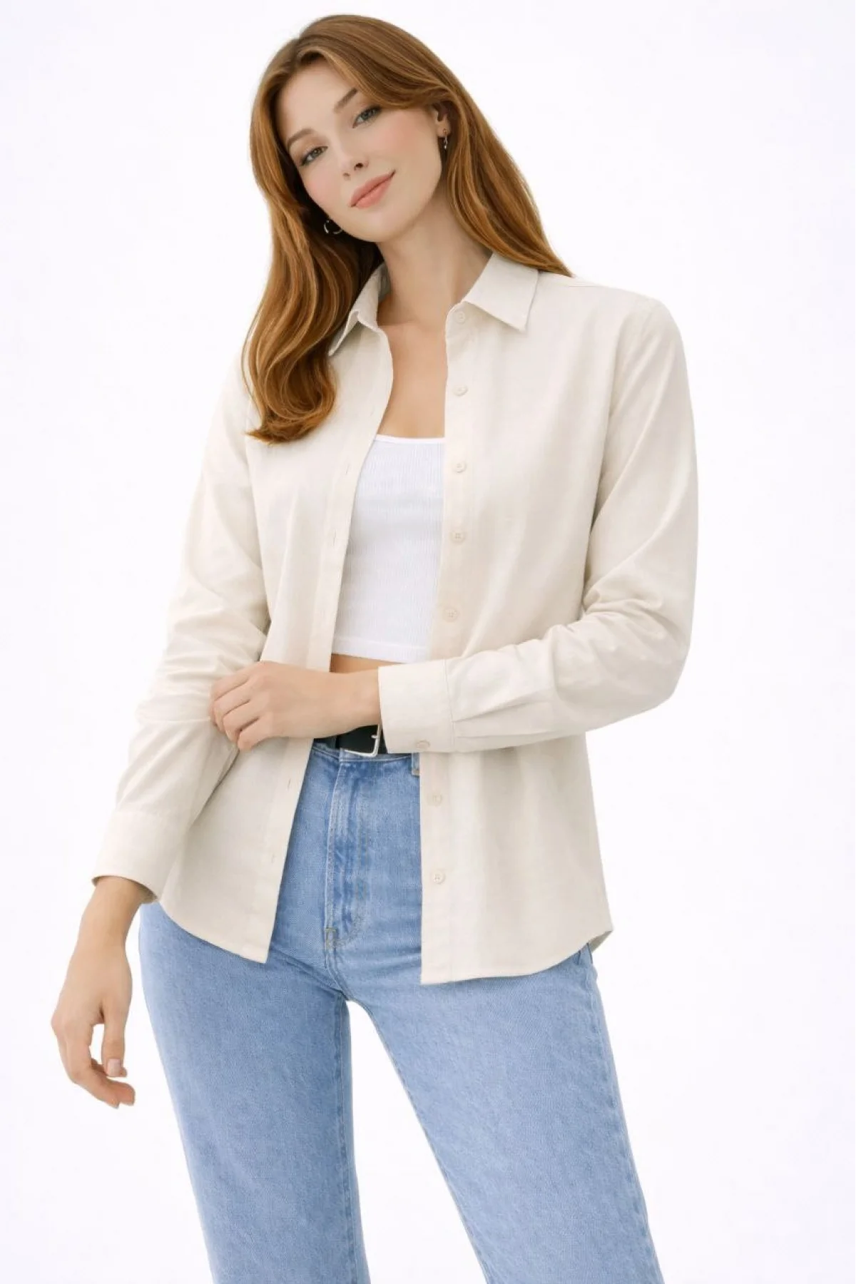 Kadın Uzun Kollu Gömlek Düğmeli Klasik Yaka Günlük ve Ofis Şıklığına uygun - Krem