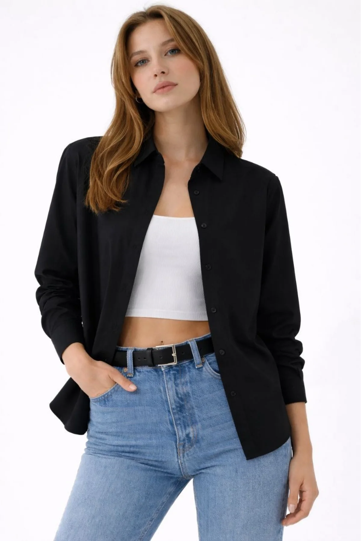 Kadın Uzun Kollu Gömlek Düğmeli Klasik Yaka Günlük ve Ofis Şıklığına uygun - Siyah