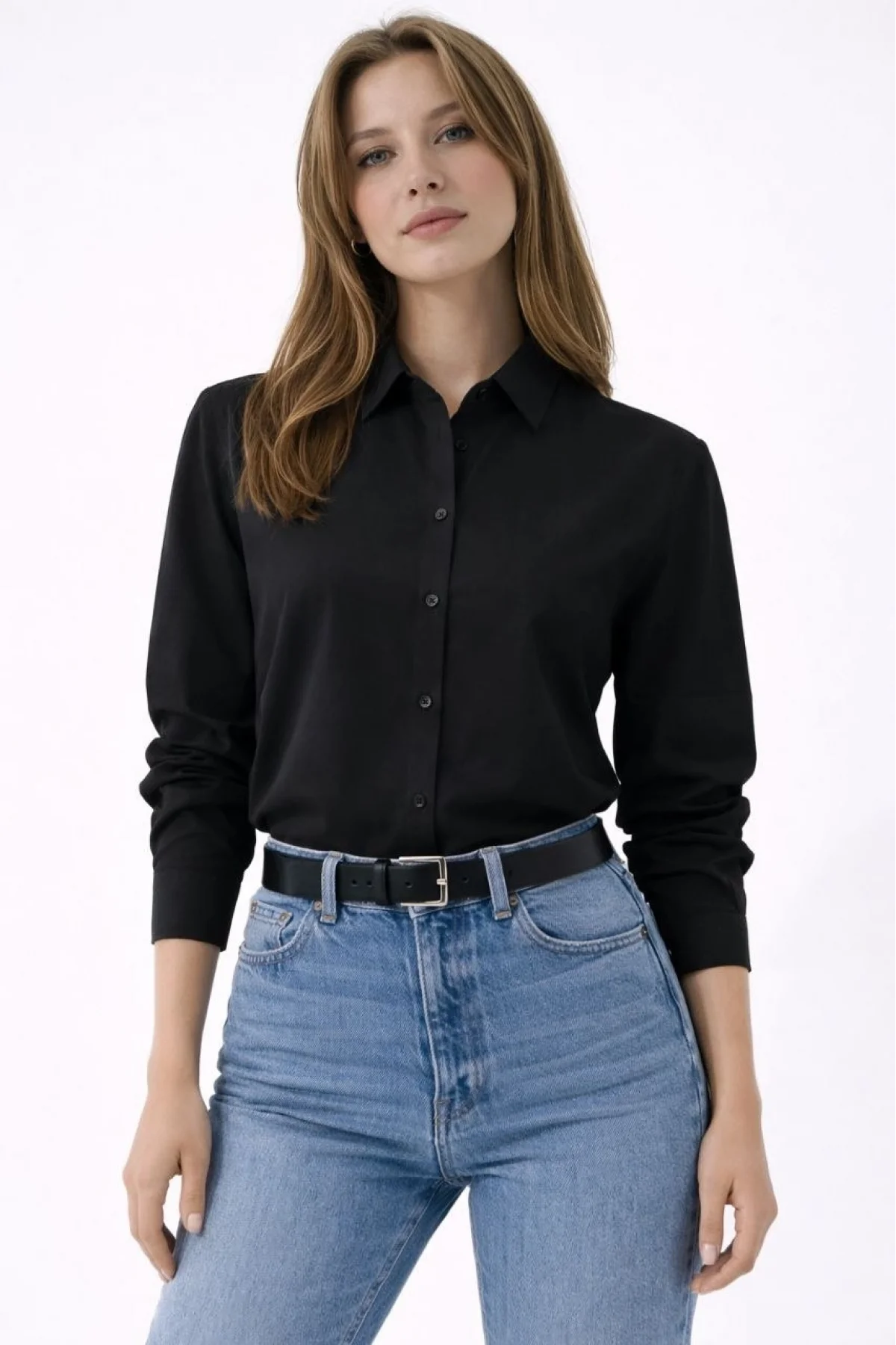 Kadın Uzun Kollu Gömlek Düğmeli Klasik Yaka Günlük ve Ofis Şıklığına uygun - Siyah