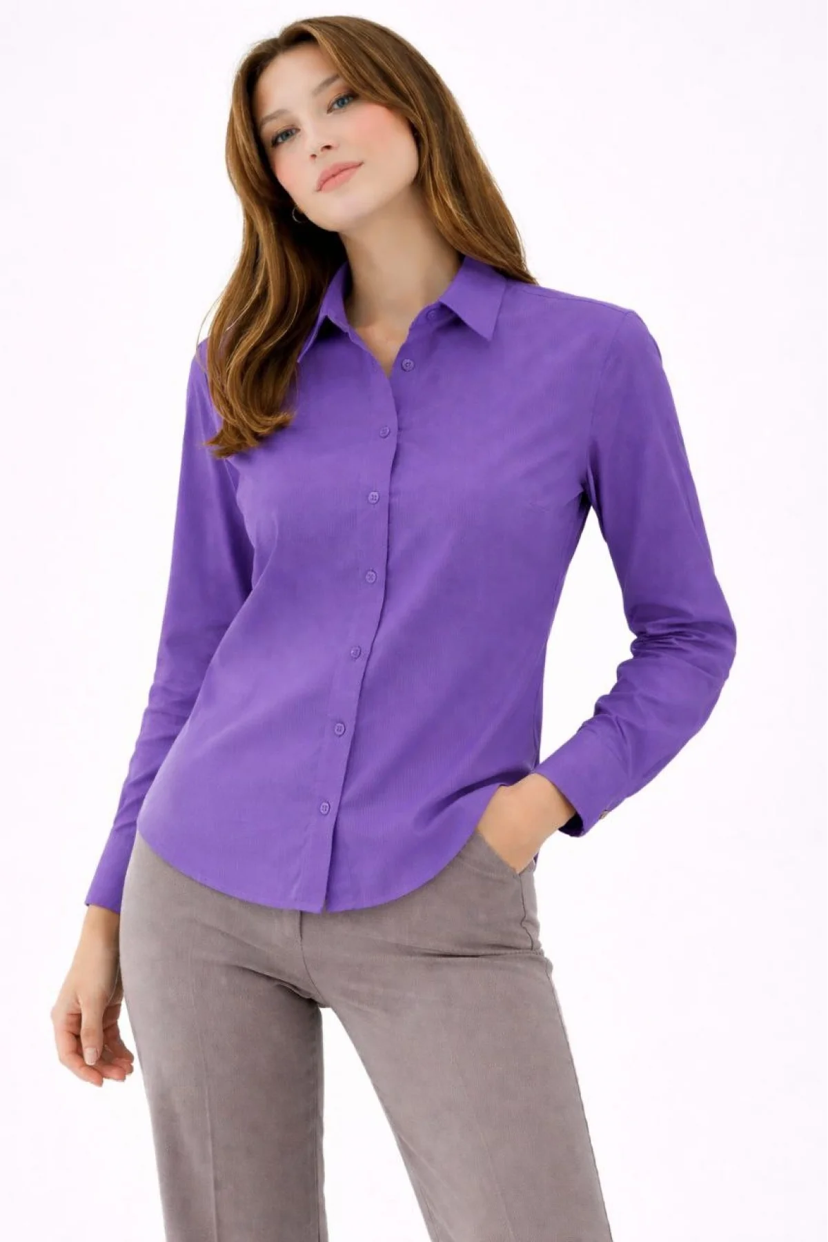 Kadın Uzun Kollu Gömlek Düğmeli Klasik Yaka Günlük ve Ofis Şıklığına uygun - Mor