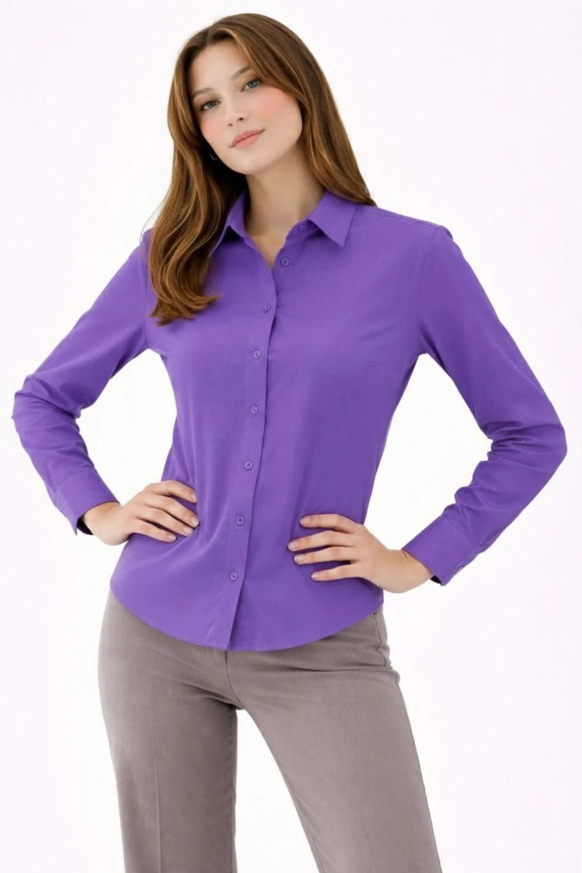 Kadın Uzun Kollu Gömlek Düğmeli Klasik Yaka Günlük ve Ofis Şıklığına uygun - Mor