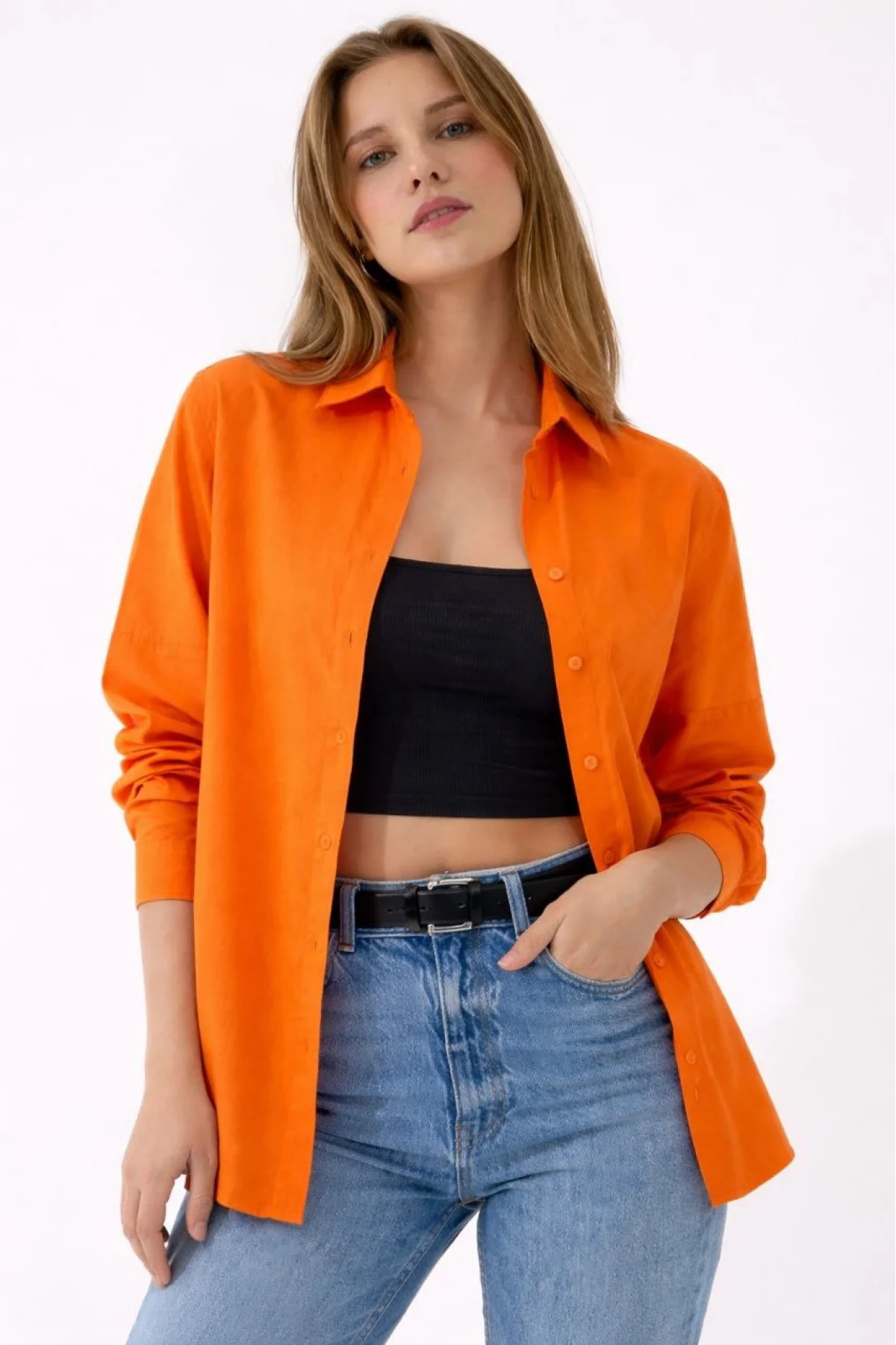 Kadın Uzun Kollu Gömlek Düğmeli Klasik Yaka Günlük ve Ofis Şıklığına uygun - Turuncu
