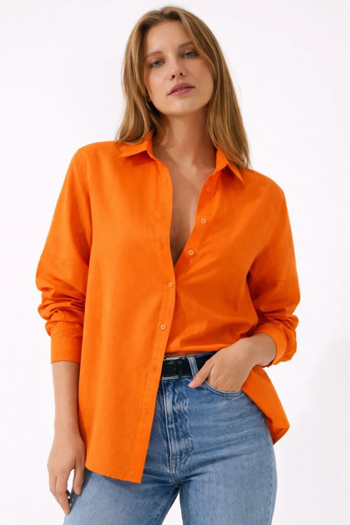 Kadın Uzun Kollu Gömlek Düğmeli Klasik Yaka Günlük ve Ofis Şıklığına uygun - Turuncu