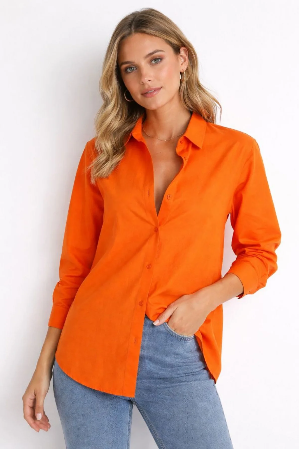 Kadın Uzun Kollu Gömlek Düğmeli Klasik Yaka Günlük ve Ofis Şıklığına uygun - Turuncu
