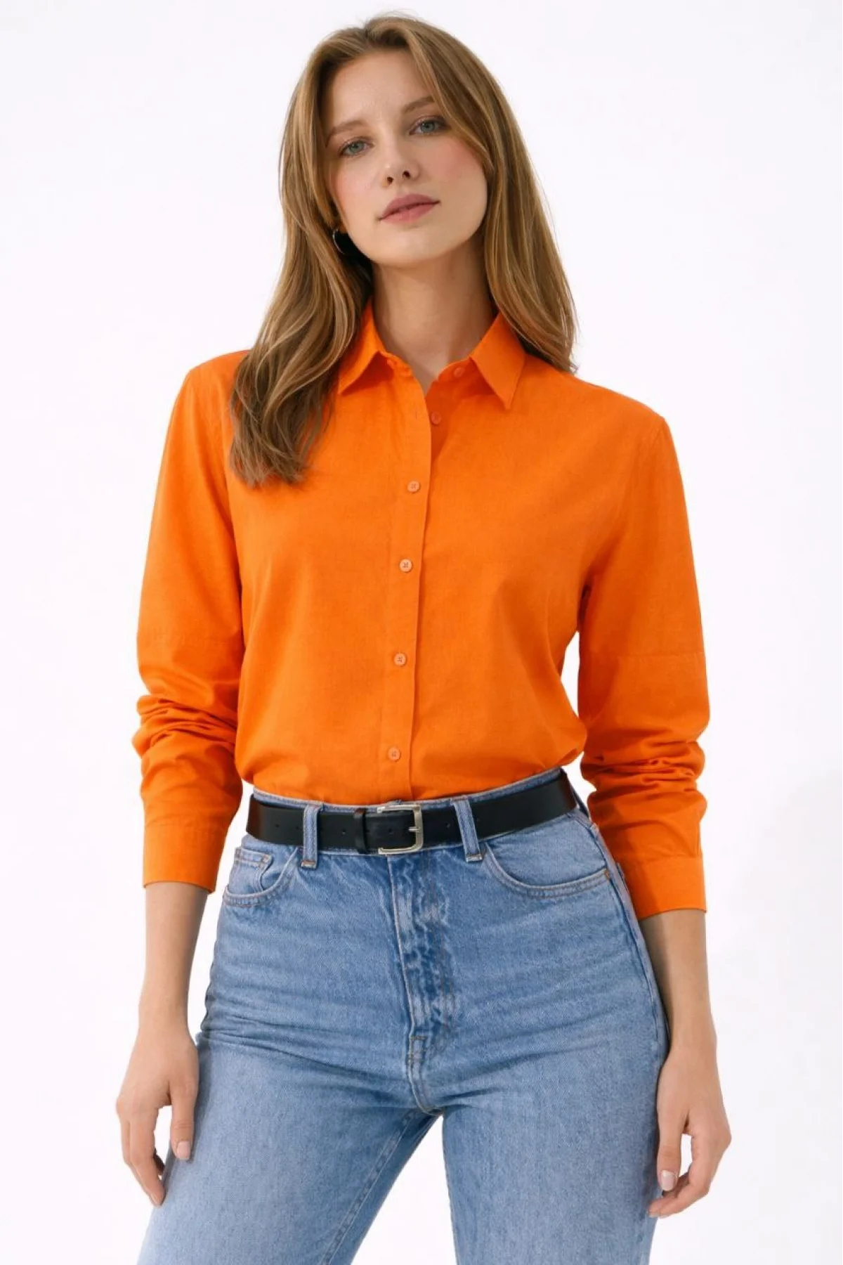 Kadın Uzun Kollu Gömlek Düğmeli Klasik Yaka Günlük ve Ofis Şıklığına uygun - Turuncu