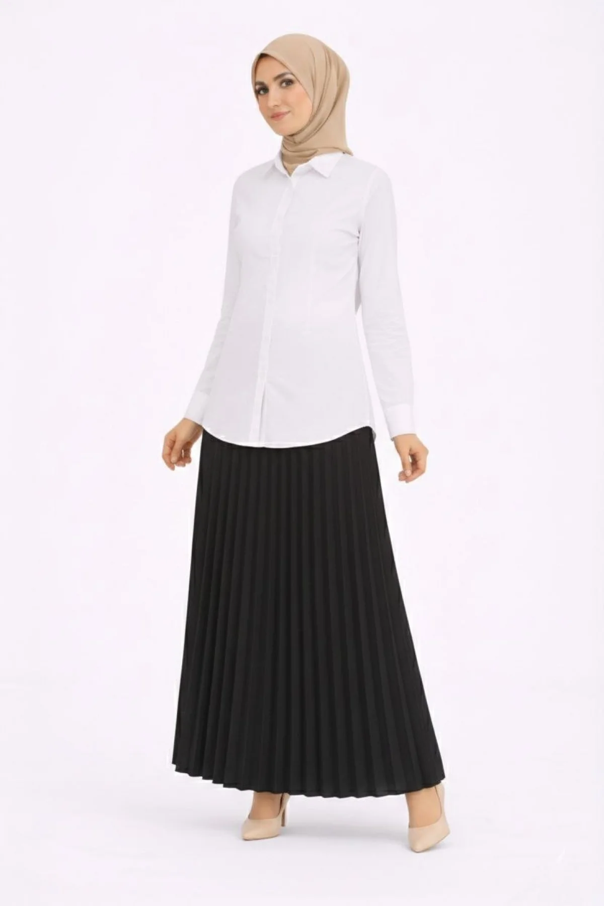 Tesettür Beyaz Gömlekli Pliseli Etek İkili Takım Gündelik ve Ofis Şıklığı - Siyah