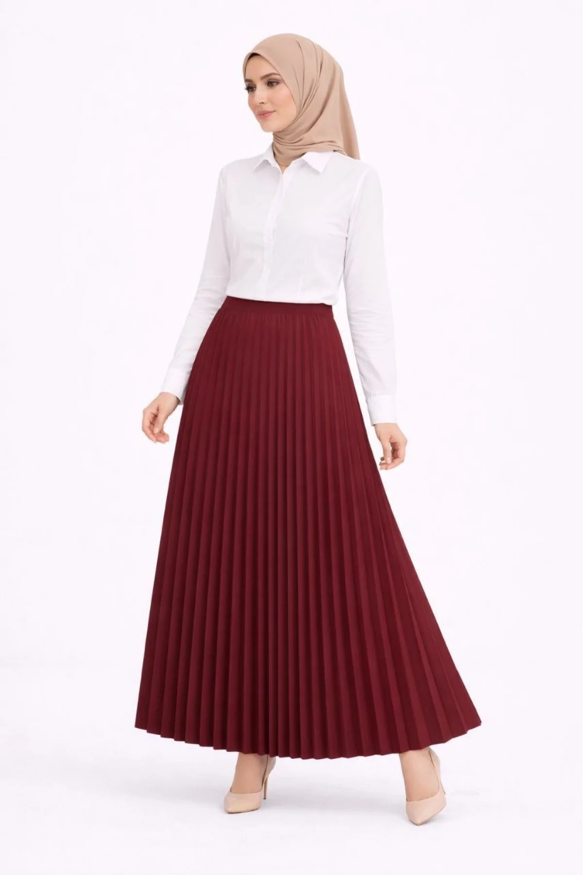 Tesettür Beyaz Gömlekli Pliseli Etek İkili Takım Gündelik ve Ofis Şıklığı - Bordo