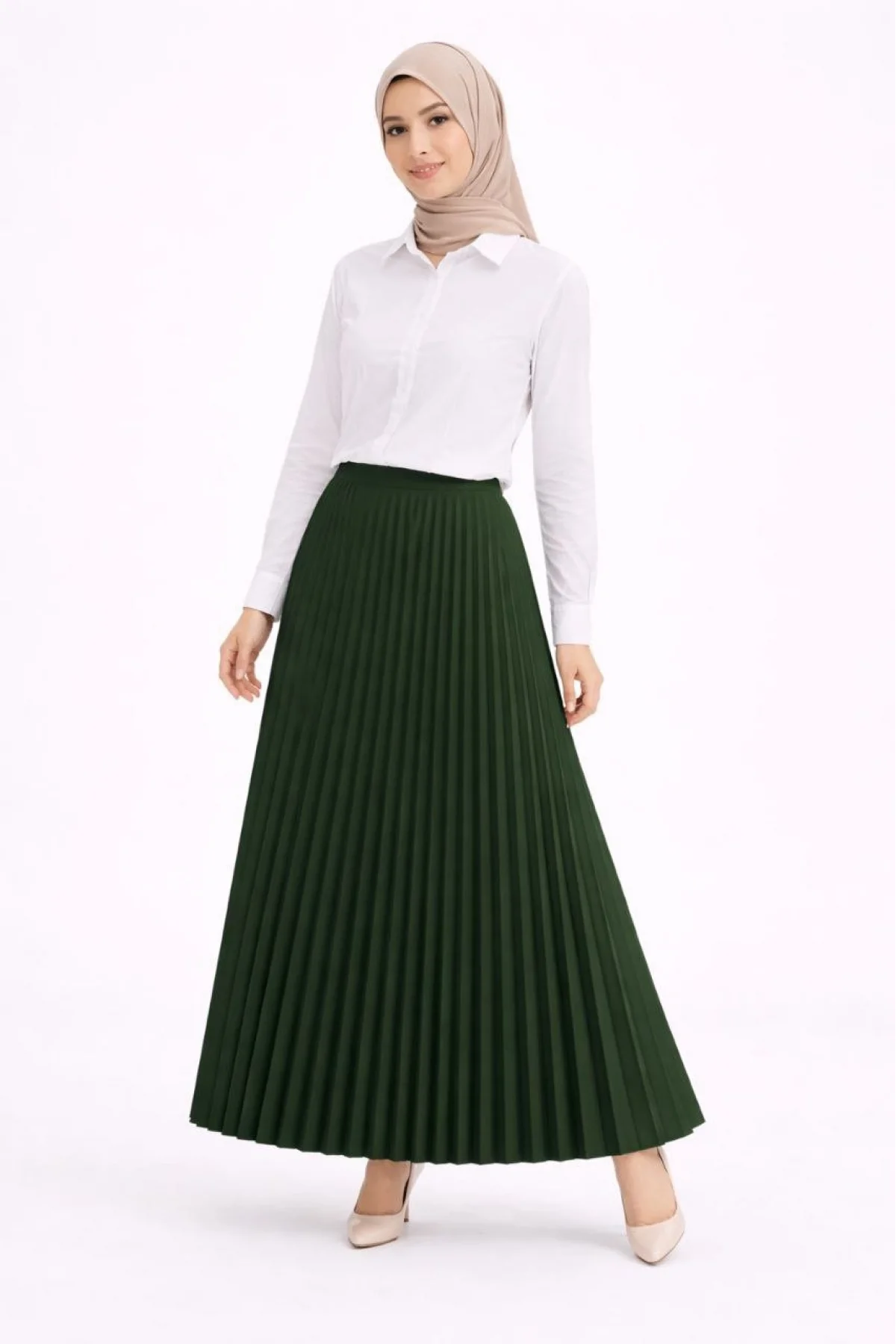 Tesettür Beyaz Gömlekli Pliseli Etek İkili Takım Gündelik ve Ofis Şıklığı - Çağla Yeşili
