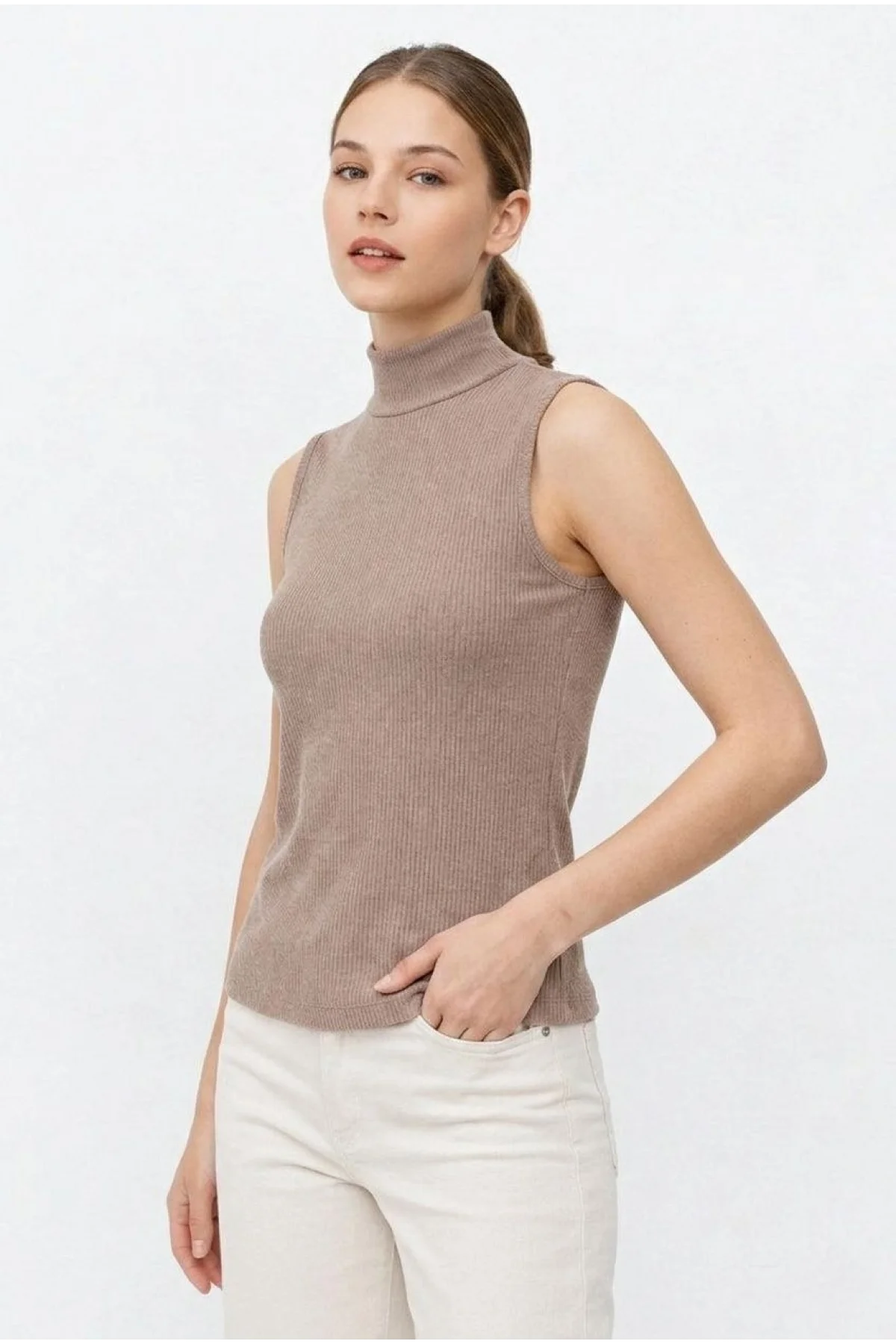 Kadın Yarım Balıkçı Yaka Fitilli Kaşkorse Atlet Basic Şık Bluz Badi - Bej