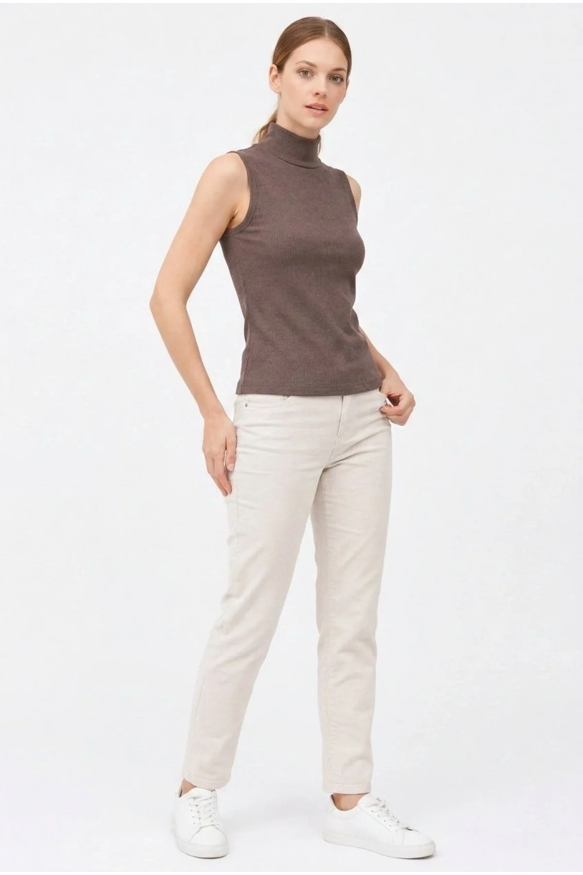 Kadın Yarım Balıkçı Yaka Fitilli Kaşkorse Atlet Basic Şık Bluz Badi - Kahverengi