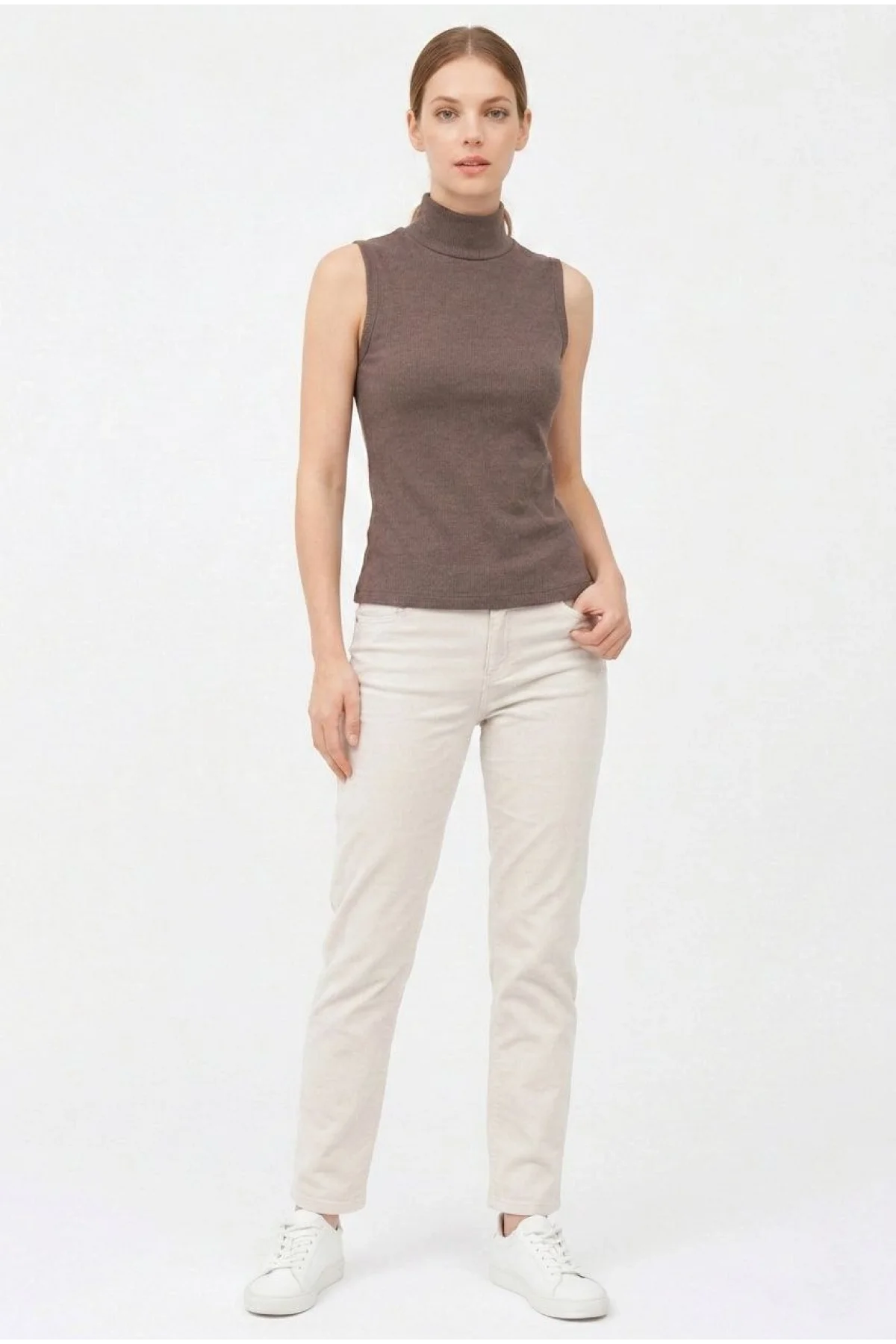 Kadın Yarım Balıkçı Yaka Fitilli Kaşkorse Atlet Basic Şık Bluz Badi - Kahverengi