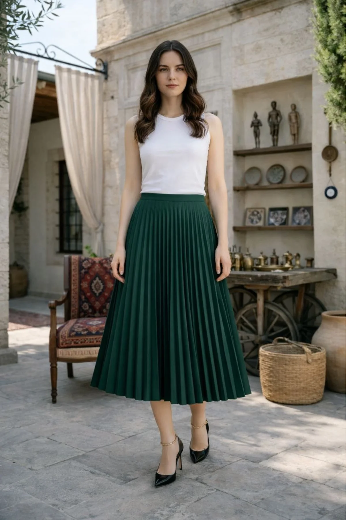 Kadın 90 Cm Saten Kumaş Pliseli Midi Etek Şık ve Zarif Tasarım - Çağla Yeşili