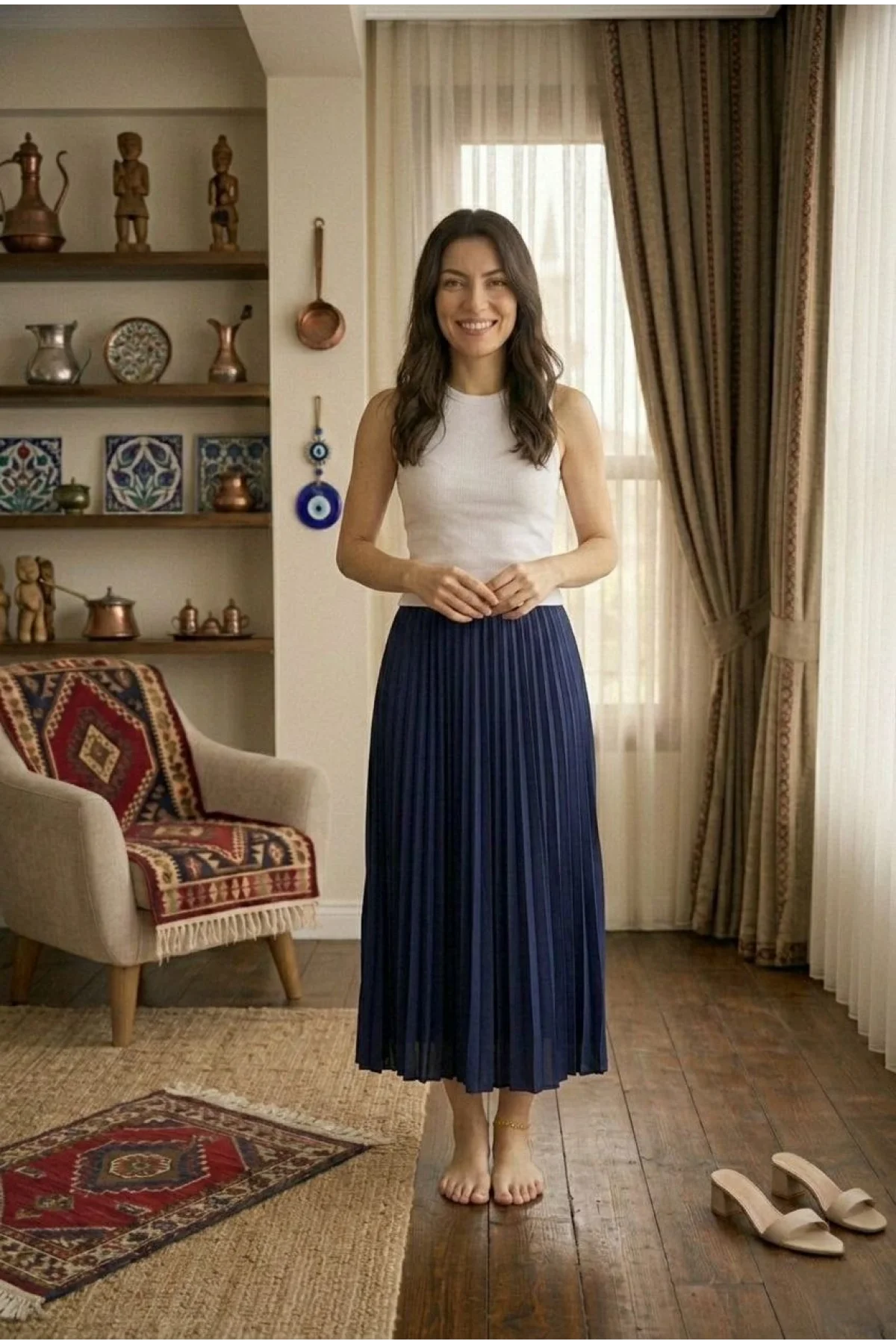 Kadın 90 Cm Saten Kumaş Pliseli Midi Etek Şık ve Zarif Tasarım - Lacivert