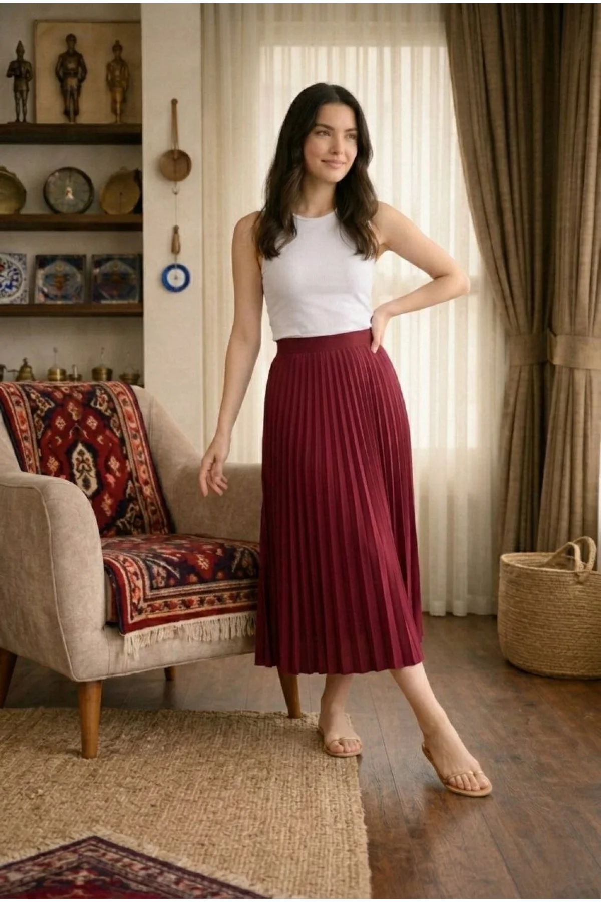 Kadın 90 Cm Saten Kumaş Pliseli Midi Etek Şık ve Zarif Tasarım - Bordo