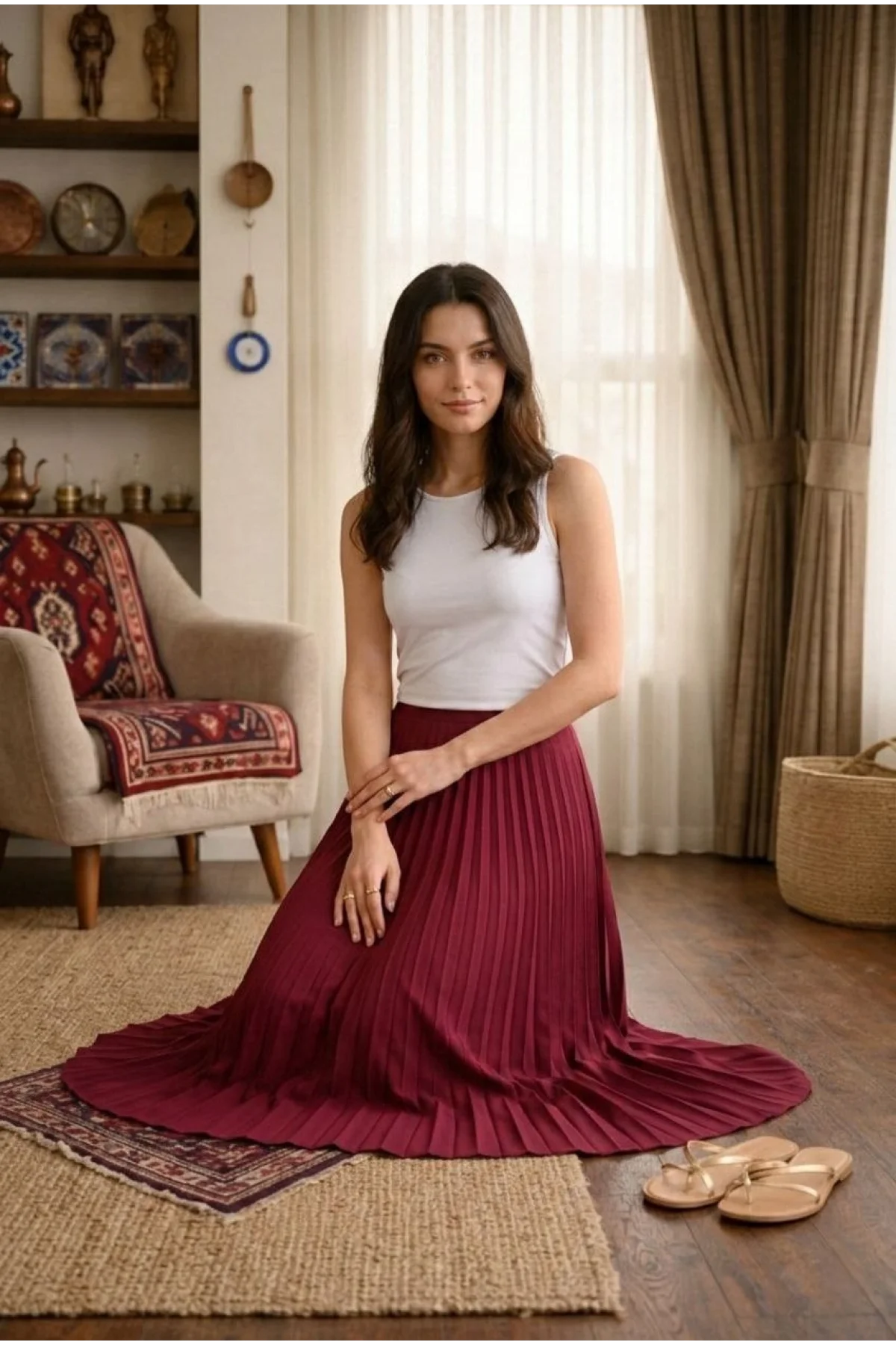 Kadın 90 Cm Saten Kumaş Pliseli Midi Etek Şık ve Zarif Tasarım - Bordo