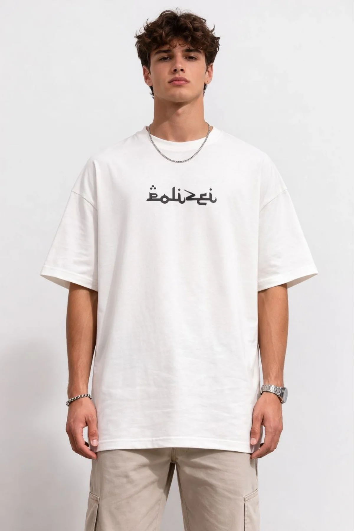 Erkek Bisiklet Yaka Baskılı Kısa Kollu Tişört Streetwear Günlük Basic Pamuklu T-shirt - Beyaz