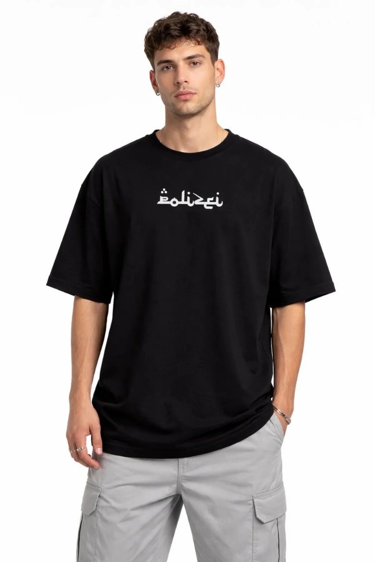 Erkek Bisiklet Yaka Baskılı Kısa Kollu Tişört Streetwear Günlük Basic Pamuklu T-shirt - Siyah