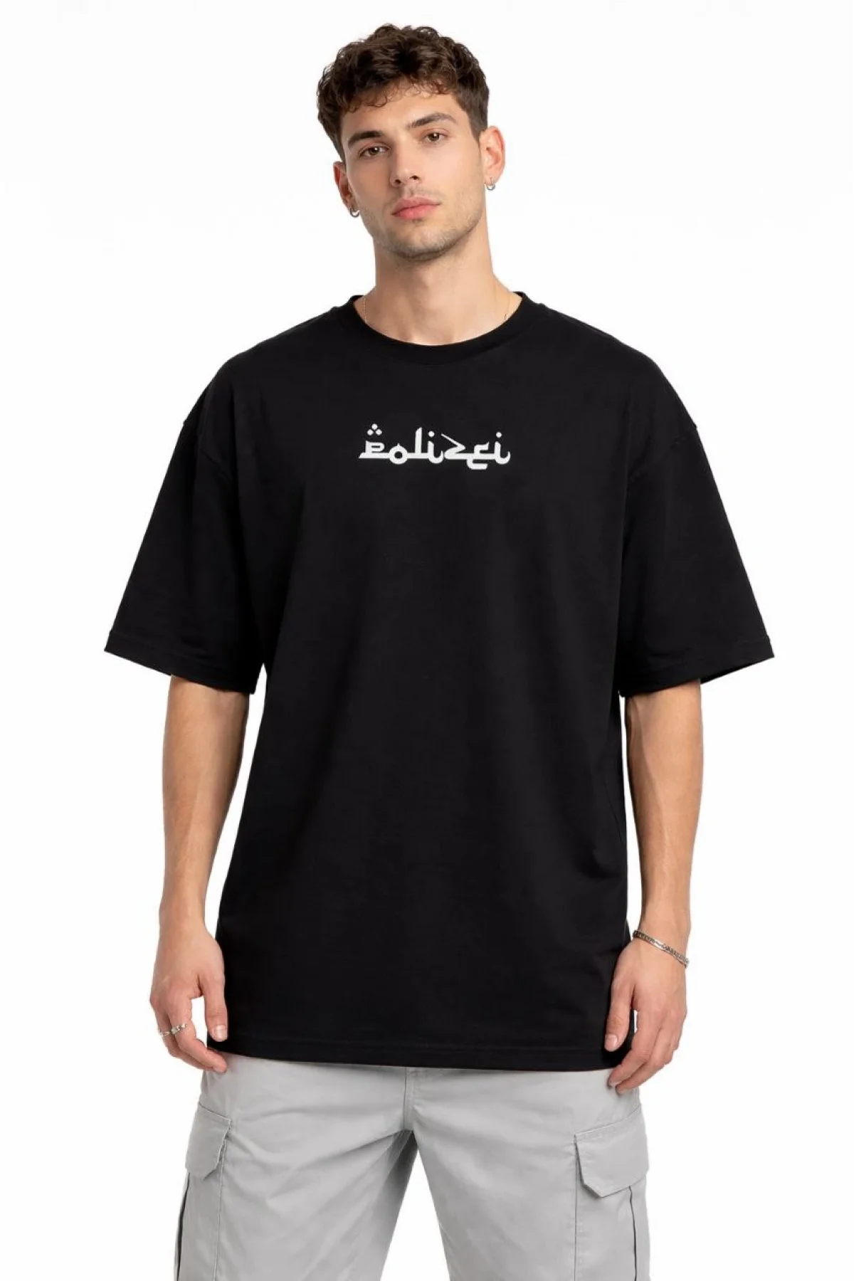 Erkek Bisiklet Yaka Baskılı Kısa Kollu Tişört Streetwear Günlük Basic Pamuklu T-shirt - Siyah