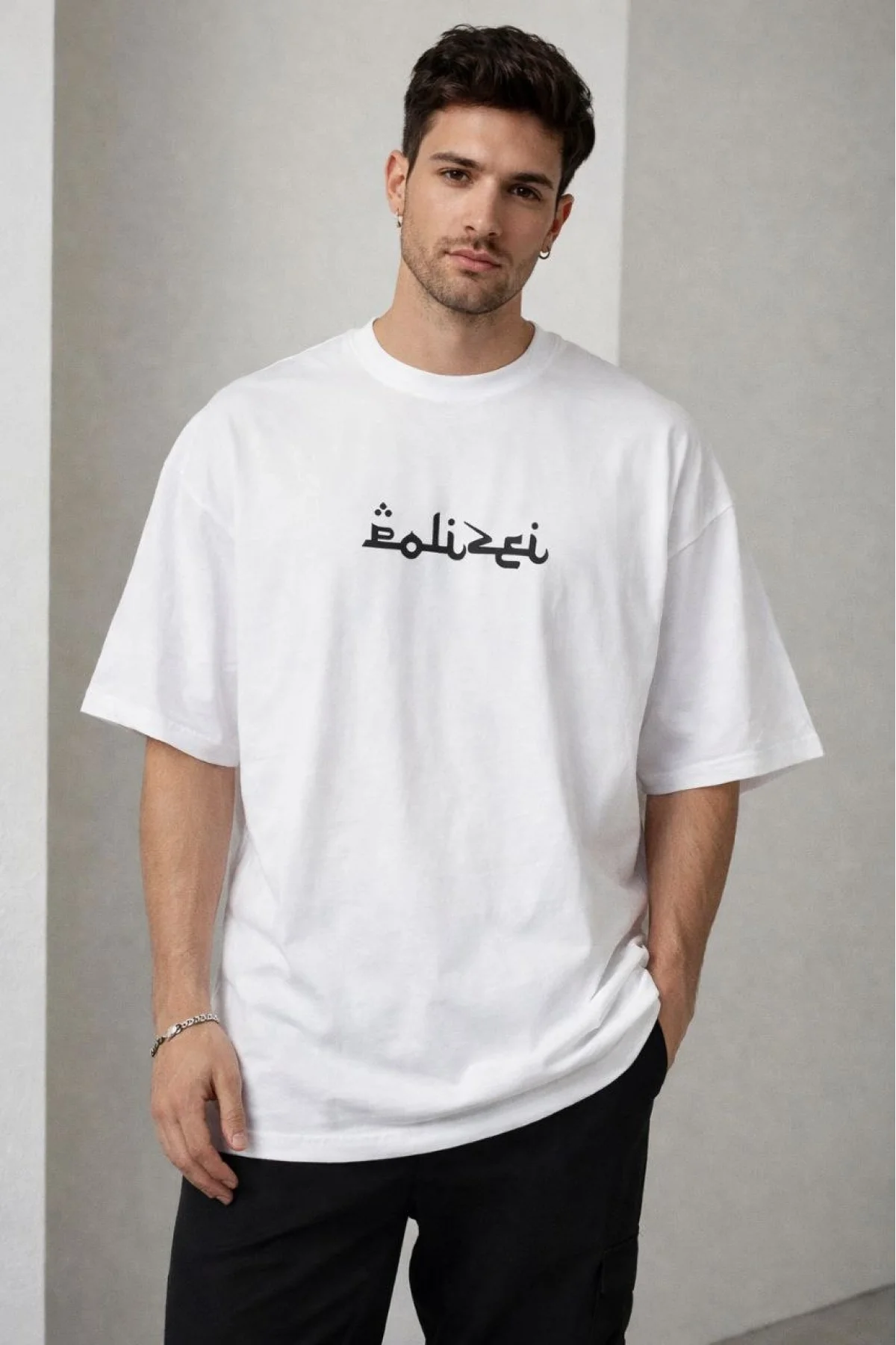 Erkek Bisiklet Yaka Baskılı Kısa Kollu Tişört Streetwear Günlük Basic Pamuklu T-shirt - Beyaz