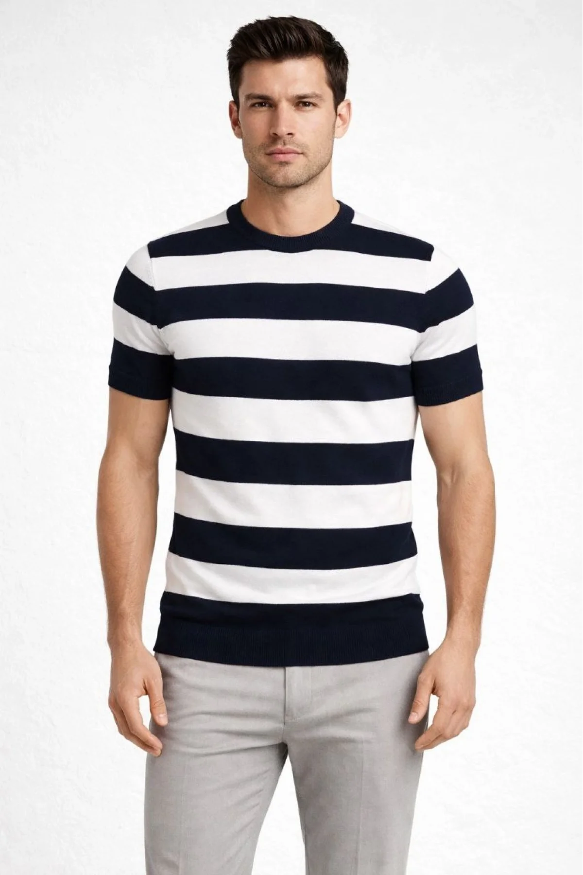 Erkek T-shirt Çizgili Triko Dokuma Bisiklet Yaka Tişört  - Siyah