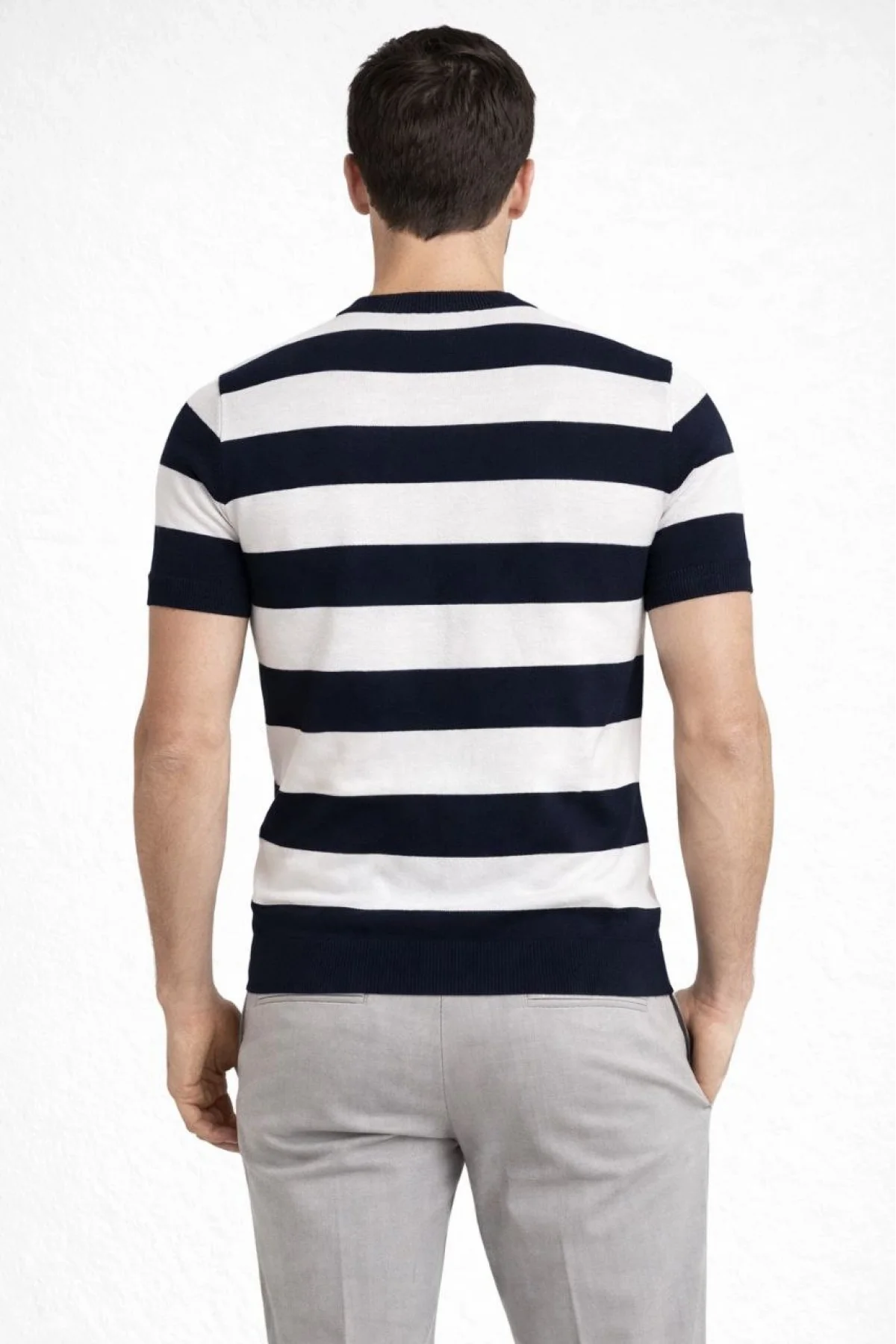 Erkek T-shirt Çizgili Triko Dokuma Bisiklet Yaka Tişört  - Siyah