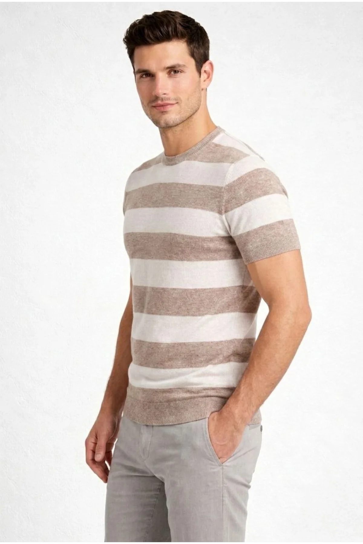 Erkek T-shirt Çizgili Triko Dokuma Bisiklet Yaka Tişört - Bej
