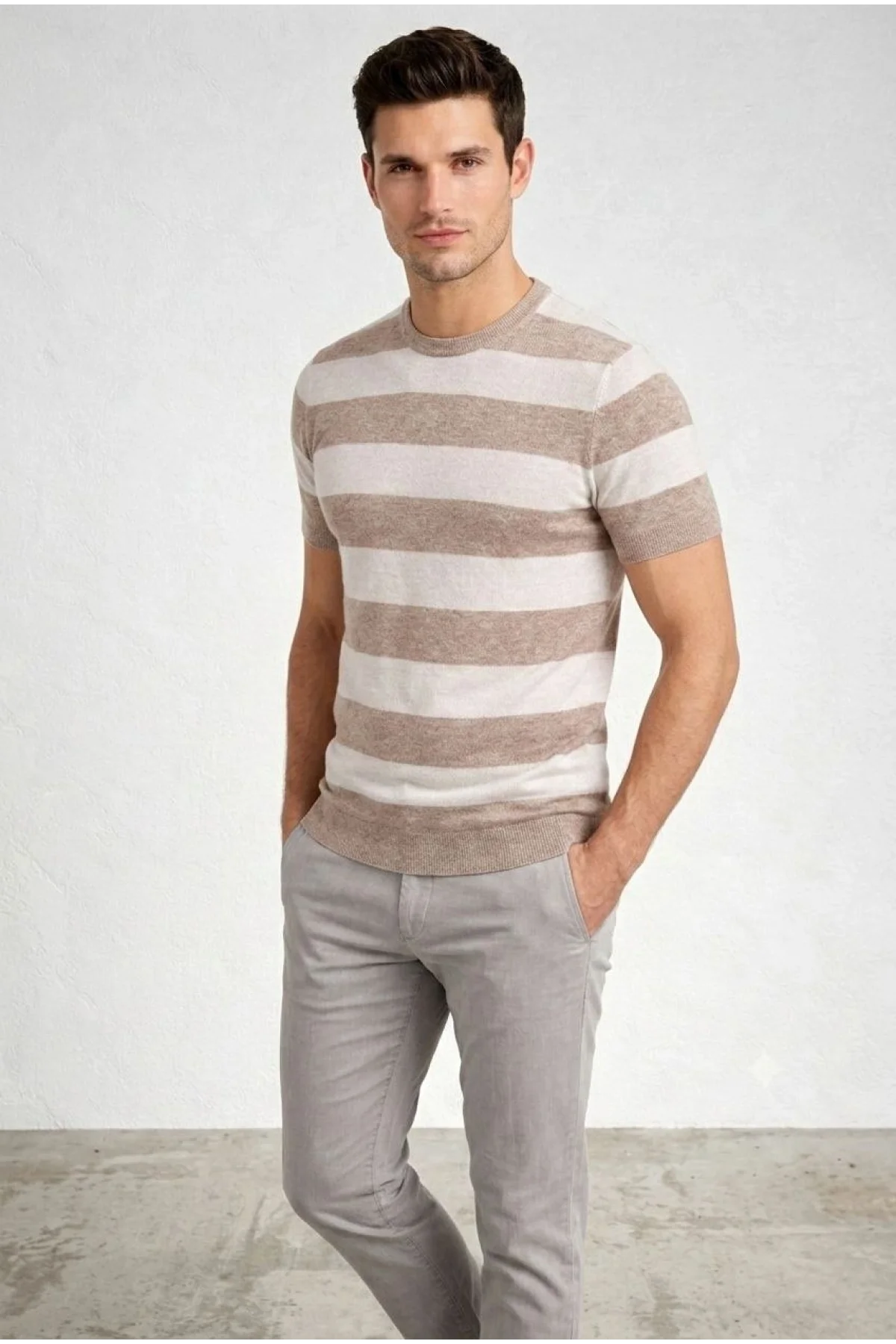 Erkek T-shirt Çizgili Triko Dokuma Bisiklet Yaka Tişört - Bej